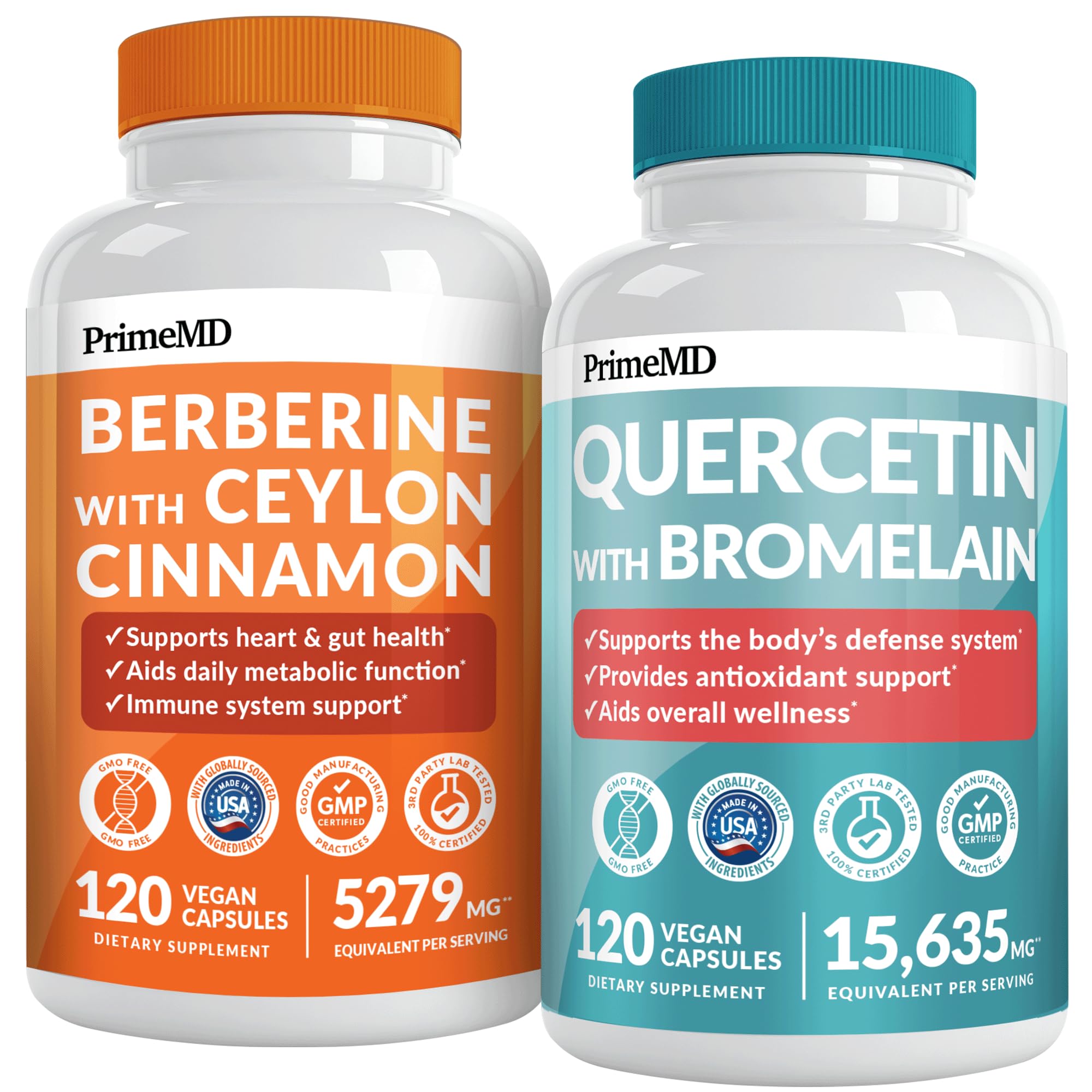 21-in-1 Berberine Supplement with Ceylon Cinnamon Chromium, Bitter Melon and Green Tea Extract (120 ct) & 28-in-1 Quercetin with Bromelain Supplement for Immune Defense Support (120 ct)