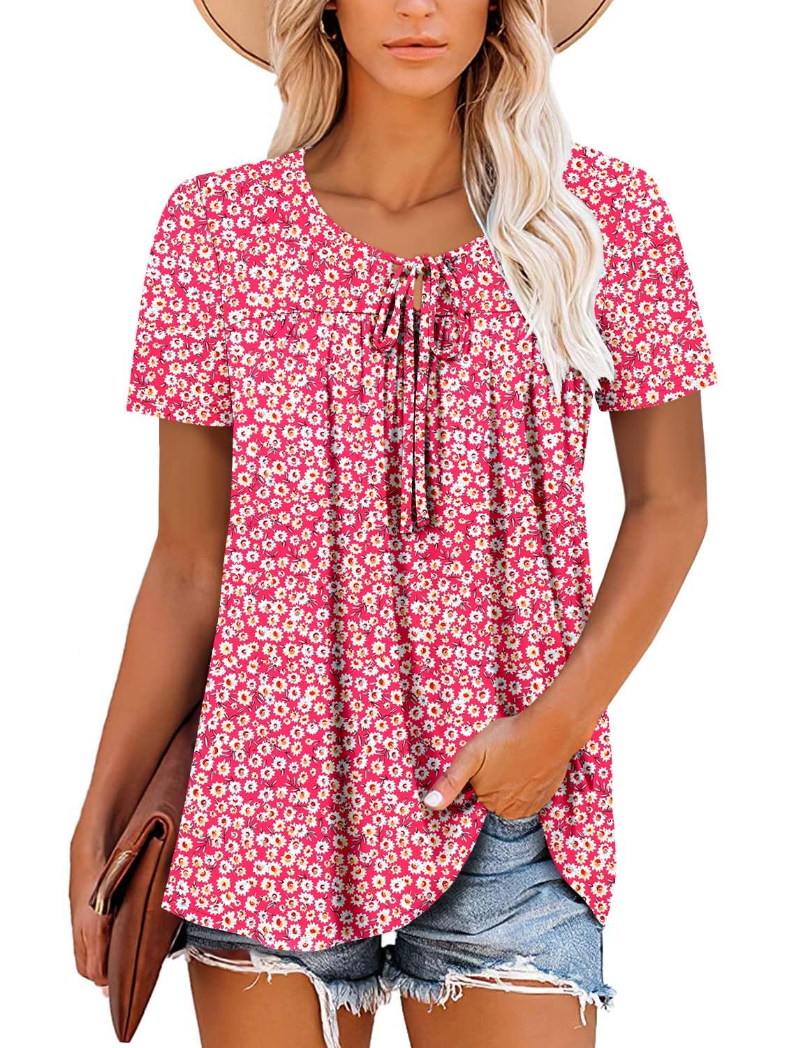 BETTE BOUTIK women's tops pleated crewneck short sleeve corded pull string cute summer tops for women Orange Flower XX-Large