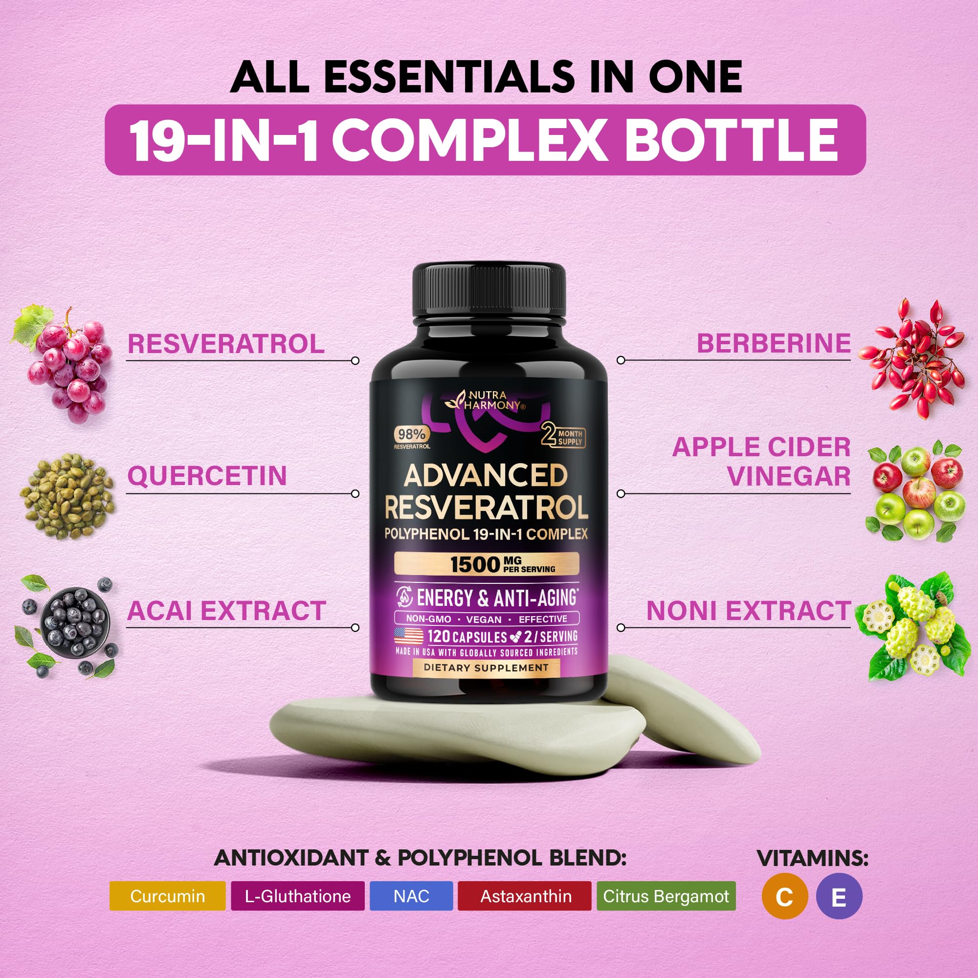 Resveratrol Supplement - 19-in-1 Organic Polyphenol Complex - Noni Extract | Berberine | Quercetin | Apple Cider Vinegar | Acai - Made in USA - Antioxidant & Heart Health Support - 120 Capsules