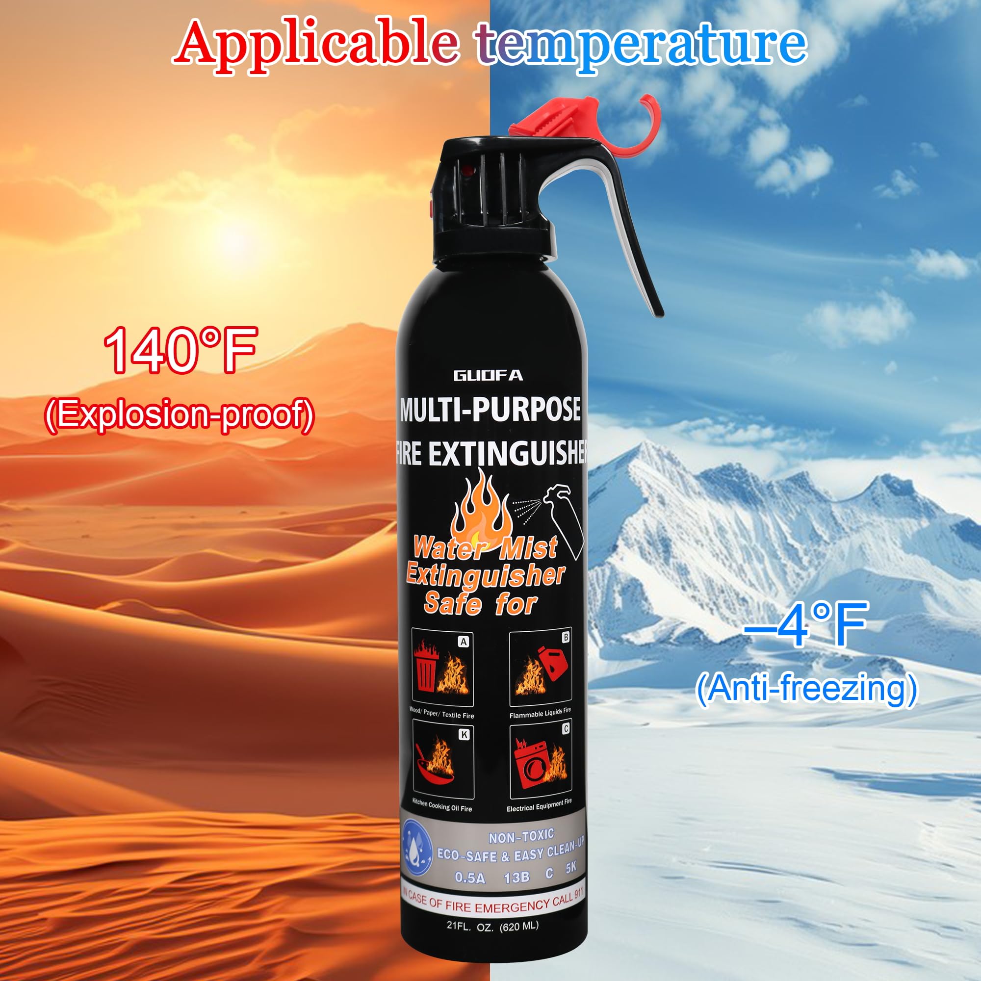 Fire Extinguishers for Home, 1 Pack Vehicle Fire Extinguisher with Mount, Compact Fire Extinguisher Effective on A, B, C, K Fires, Water-Based Extinguisher for Car Boat House Office Kitchen Garage