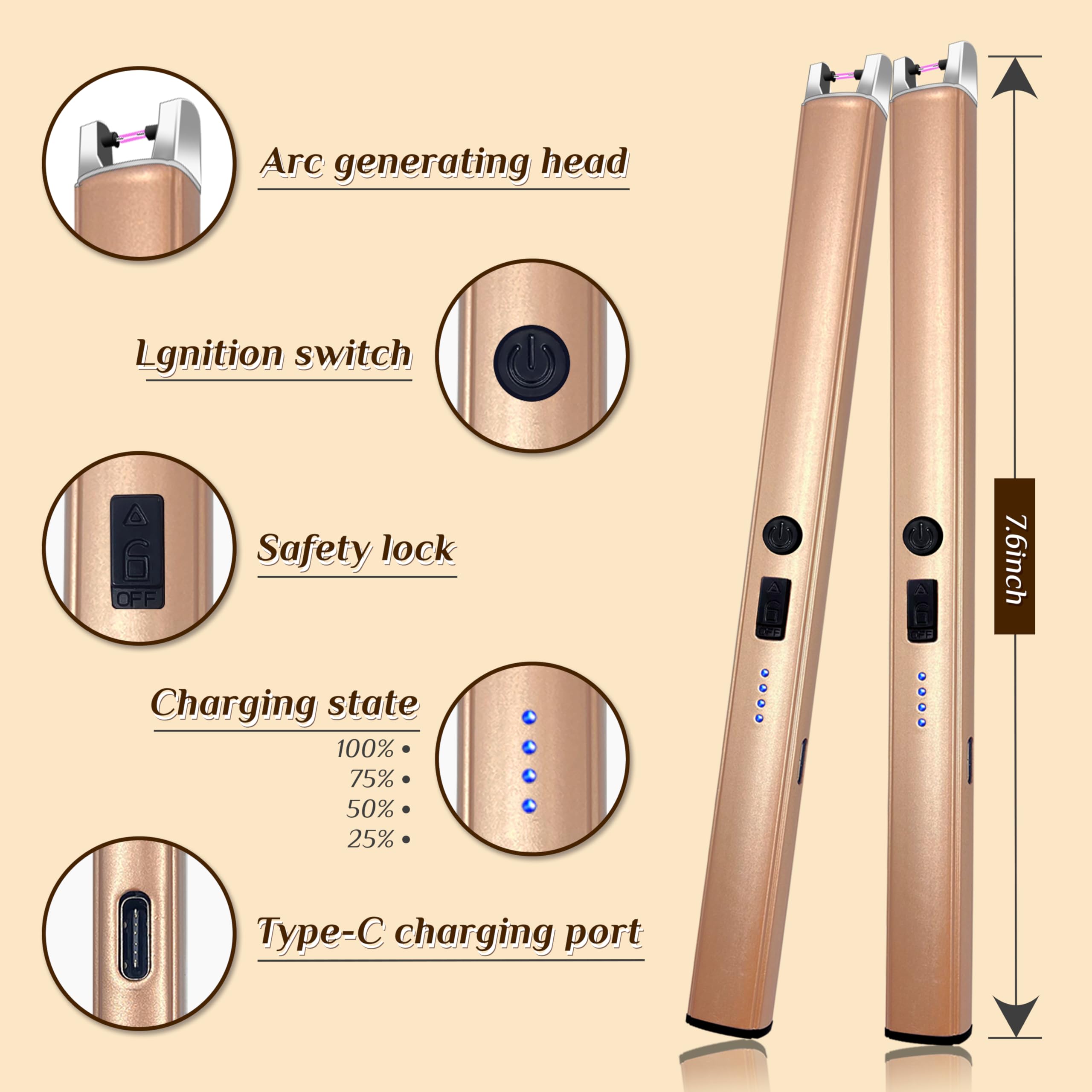 2 PCS Candle Lighter,Windproof Flameless Electric Lighter with LED Power Display & Safety Switch, Upgraded Plasma USB Rechargeable Lighters for Birthday Camping BBQ (Champagne Gold)