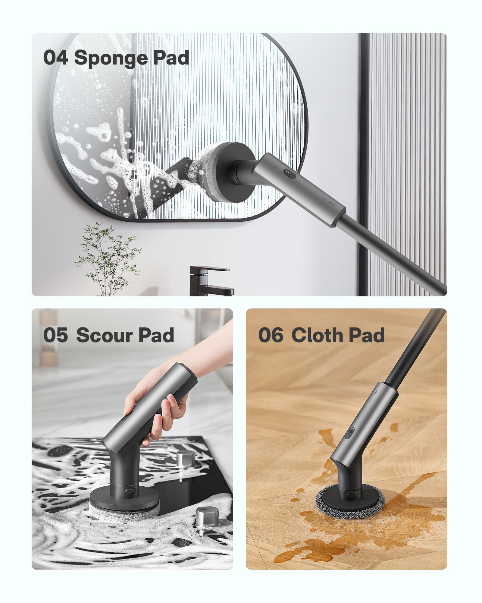HOTO Electric Spin Scrubber, IPX7 Full Body Waterproof Bathroom Shower Cleaning Brush, Shower Scrubber Brush with Long Handle, 6 Brush Heads, Power Scrubber for Shower, Bathroom, Floor, Tile
