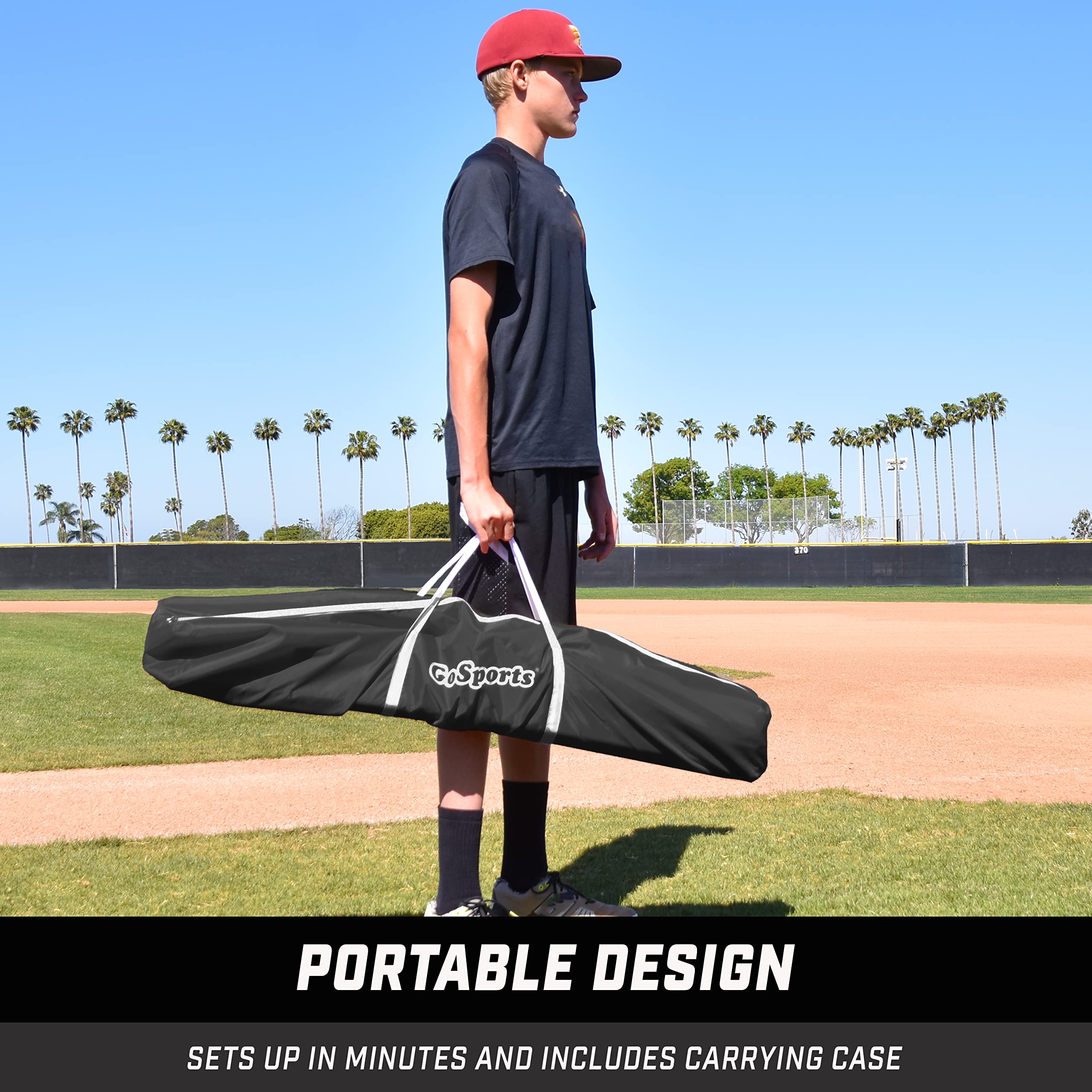 GoSports 7 ft x 7 ft Baseball & Softball Practice Hitting & Pitching Net with Bow Type Frame, Carry Bag and Strike Zone, Great for All Skill Levels
