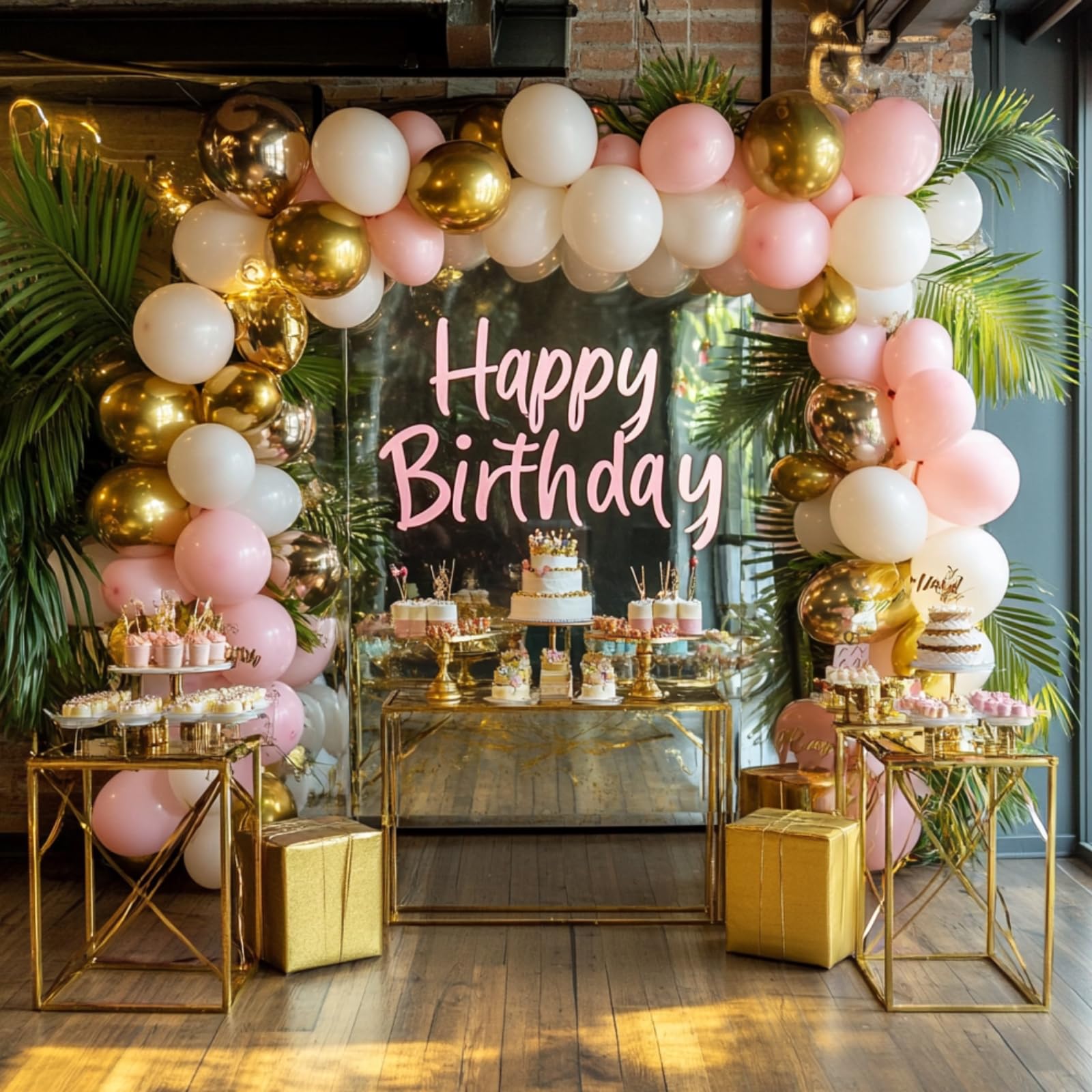 PartyWoo Pink and White Balloon Arch Kit Garland 140 pcs Different Sizes of 18 12 10 5 Inch Light Pastel Pink Metallic Gold Confetti and White Balloons for Baby Shower Birthday Party Decorations