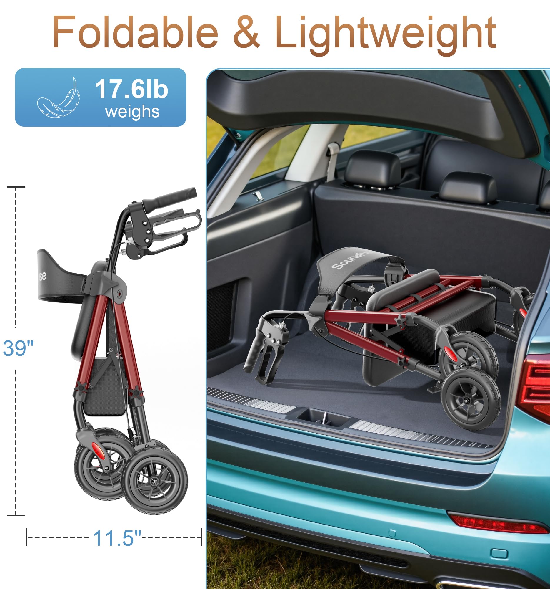 SOUNDFUSE Rollator Walkers for Seniors with Seat, Foldable Lightweight Rolling Walker with 8" Big PU Wheels, Ergonomic Seat, Dual Height Adjustment