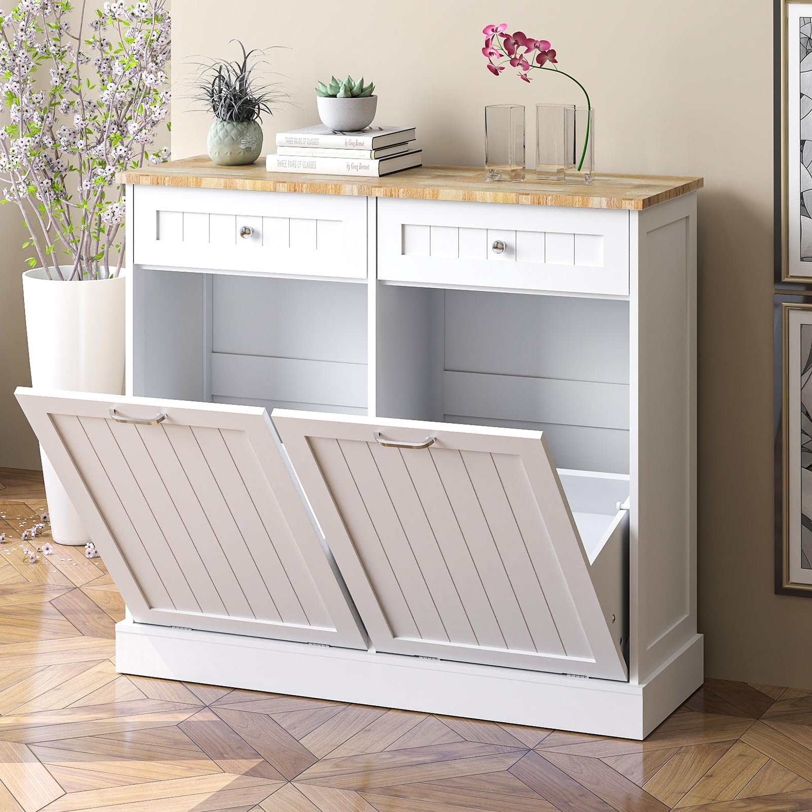 Rovibek Double Tilt Out Trash Cabinet with Storage Drawer Multifunctional Hidden Garbage Can for Kitchen, Bathroom, Laundry and Living Room, White