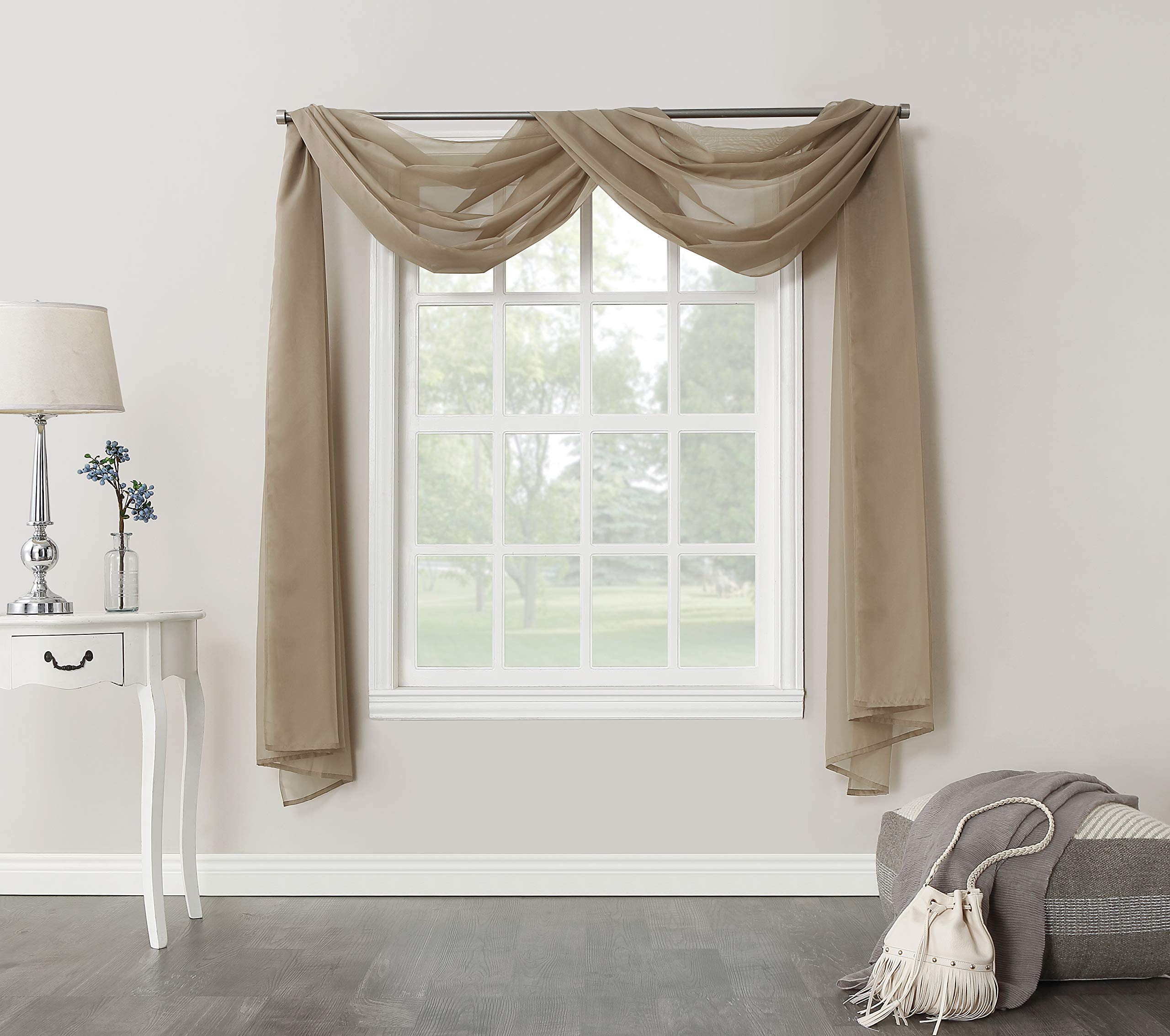 No. 918 53566 Emily Sheer Voile Rod Pocket Curtain Panel, Valance Scarf, Taupe 59" x 216"