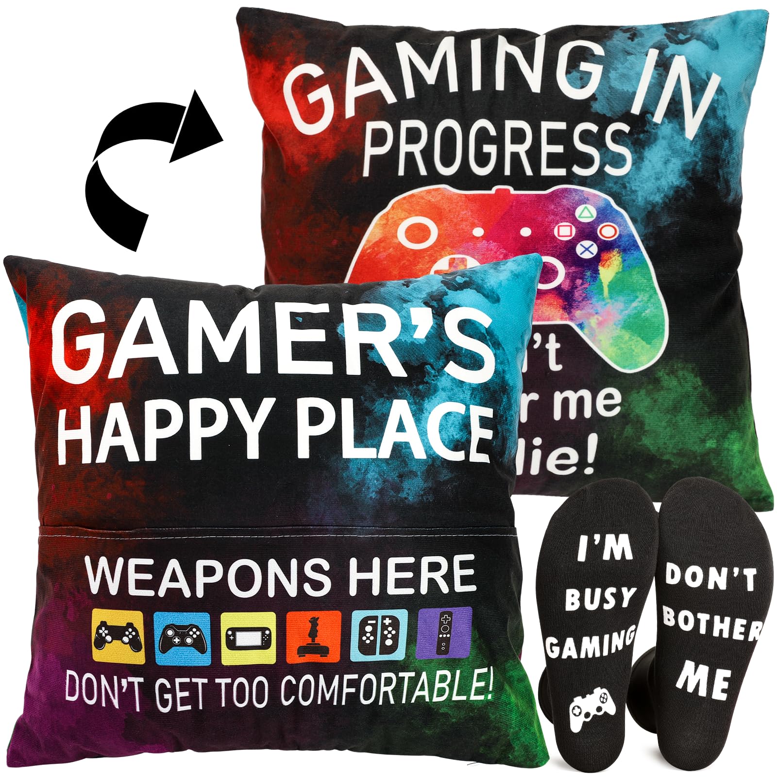 OCCdesign Gamer Gifts for Teenage Boys Men, Gaming Room Decoration, Gamer Pillow Cover and Game Socks Gifts Set, Christmas Stocking Stuffers for Teens Boys Girls Men Father Boyfriends 18" x 18"