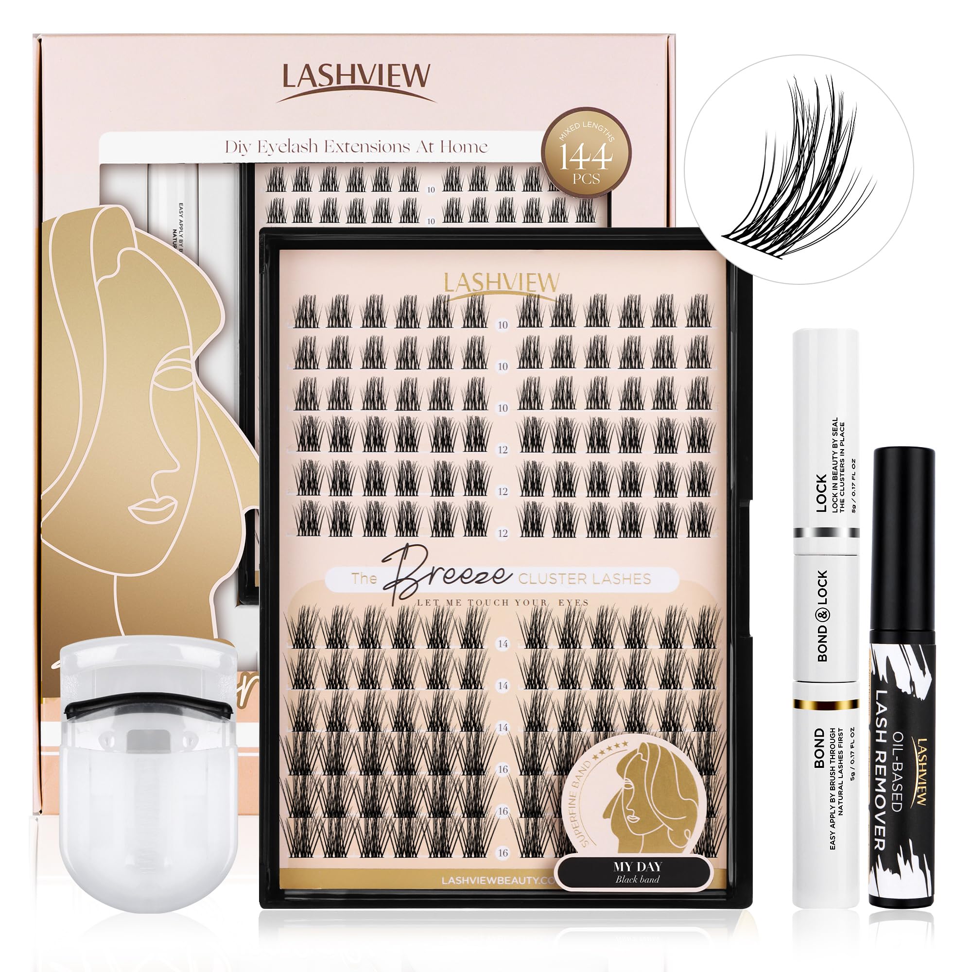 LASHVIEW DIY Lash Extension Kit, Lash Clusters with Lash Bond and Seal, Mascara Brush Cluster Lash Glue Remover, Lash Applicator and Travel Eyelash Curler for DIY Eyelashes Extensions(Style-Natural-D)