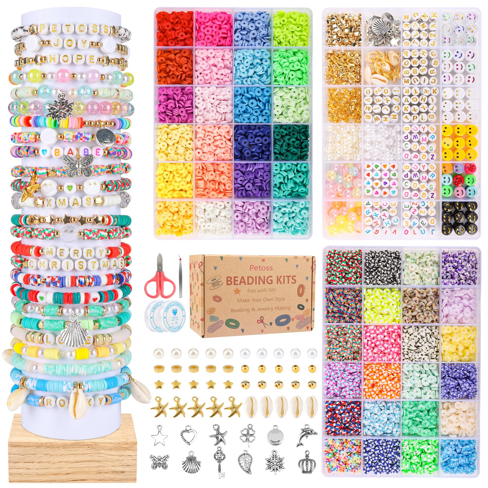 Petoss 10800pcs Clay Beads for Bracelets Making Kit,48 Colors Polymer Clay Beads Kit for Jewelry Making for Women,6mm Heishi Beads with 416 Letters Beads Gift Pack