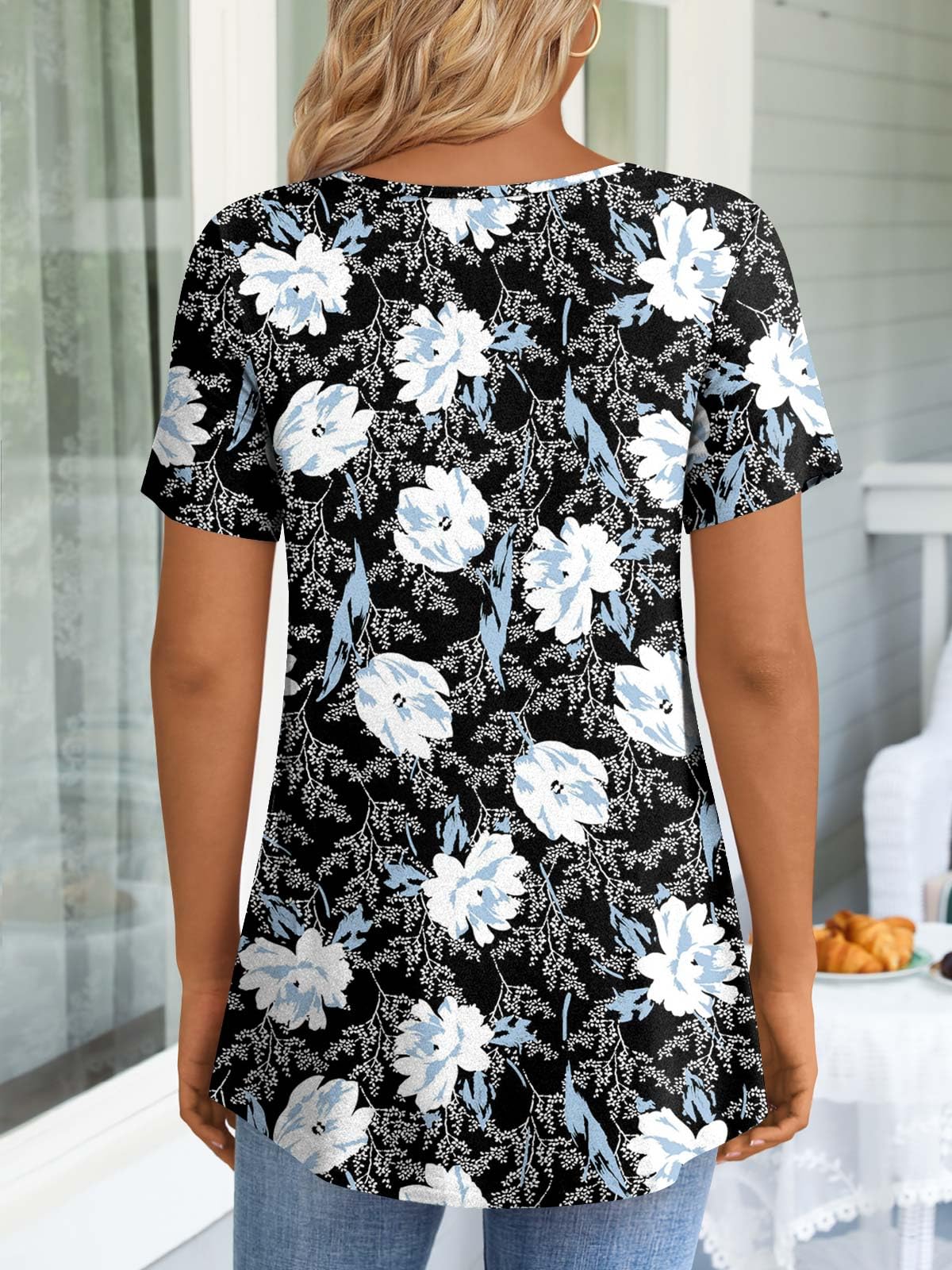 LONGYUAN Short Sleeve Tunics Loose Fit Casual Tops for Women Summer Hide Belly Comfy Shirts Blouse Fl Medium White Lily