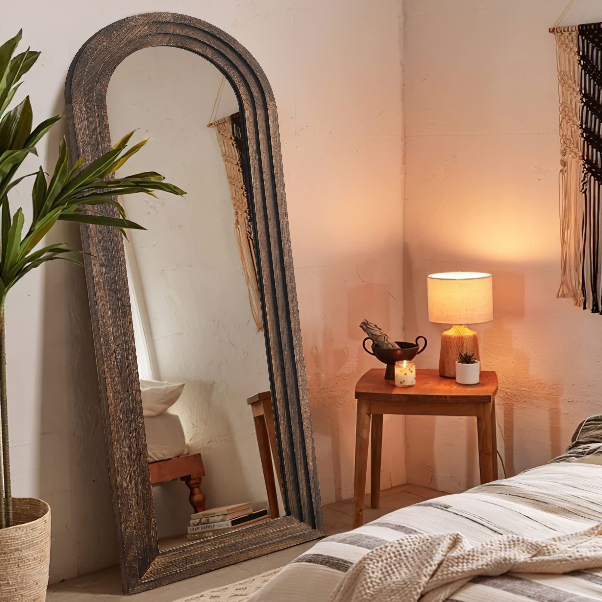 MAYEERTY Rustic Full Length Mirror Arched 65"x22" Wood Wall Full Length Distressed Large Floor Mirror for Bedroom/Bathroom/Living Room/Farmhouse, Arch Coffee