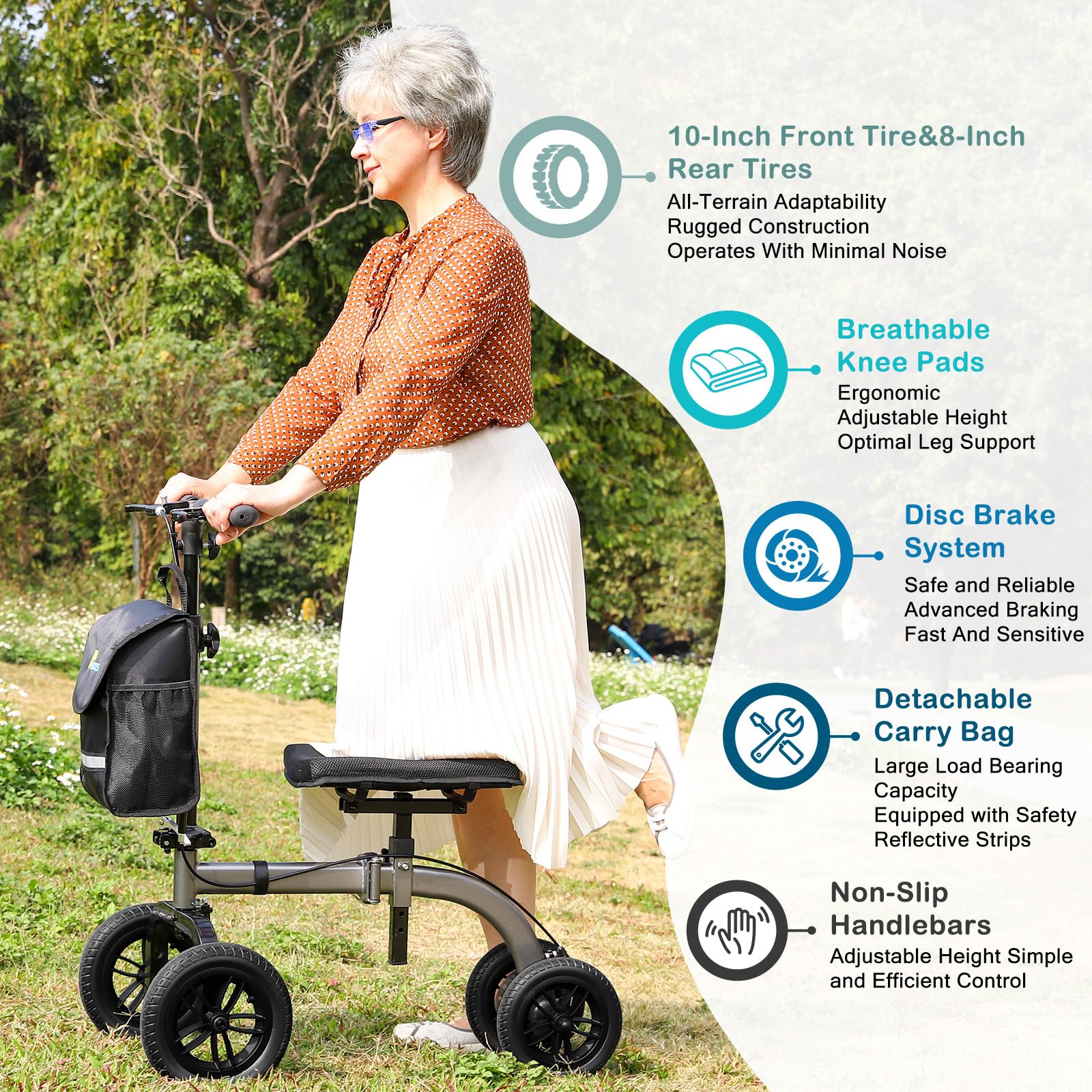 Akoasm Collapsible All Terrain Knee Scooter for Adults for Foot Surgery, Adjustable Knee Walker Cart with Basket, Alternative to Crutches for Broken Leg Ankle Injuries, Dual Brakes, Grey