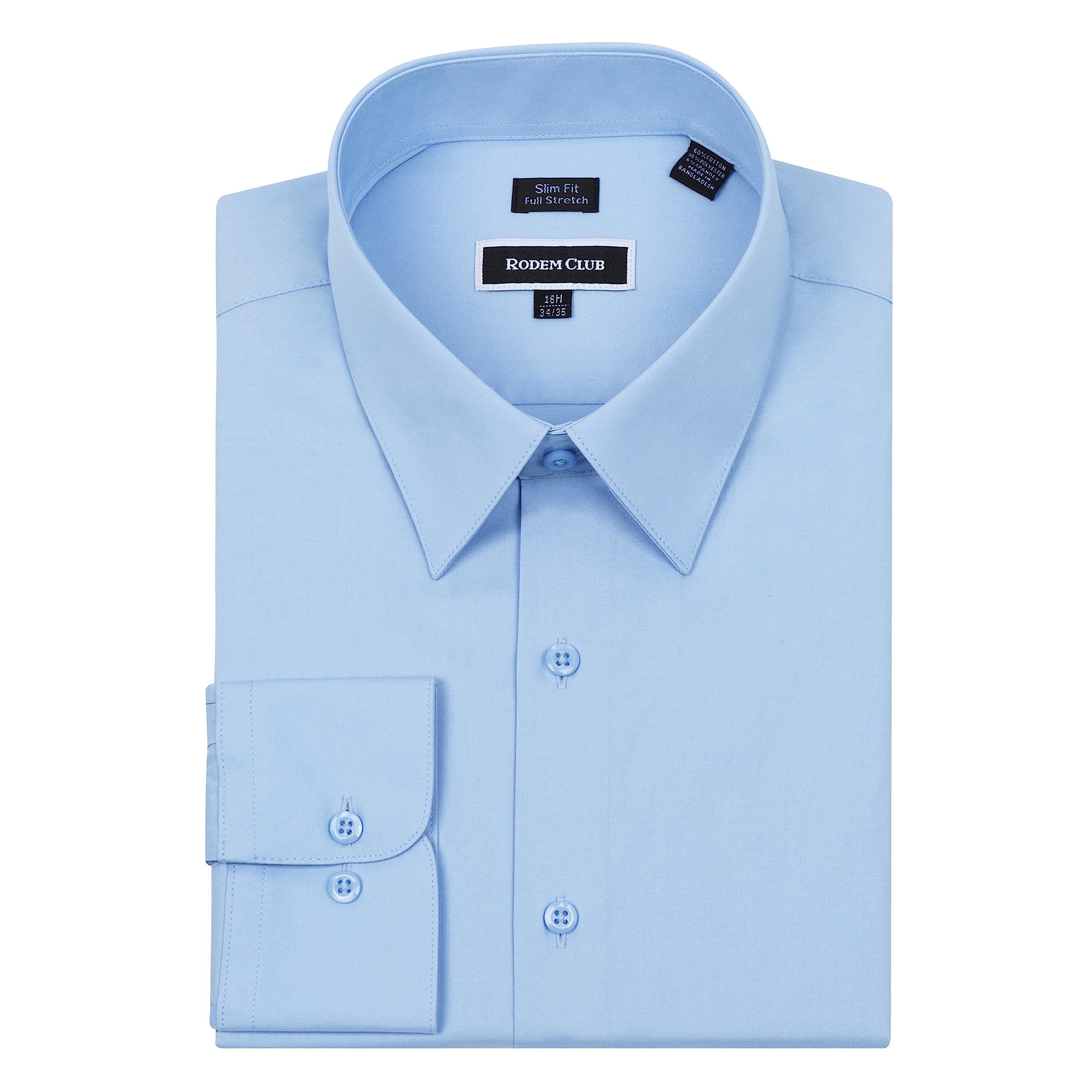 RODEM CLUB Men's Dress Shirt Slim Fit Long Sleeve Full Stretch Wrinkle-Resistant Business Casual Solid Button Down Shirts (Light Blue, 17" Neck 34"-35" Sleeve)