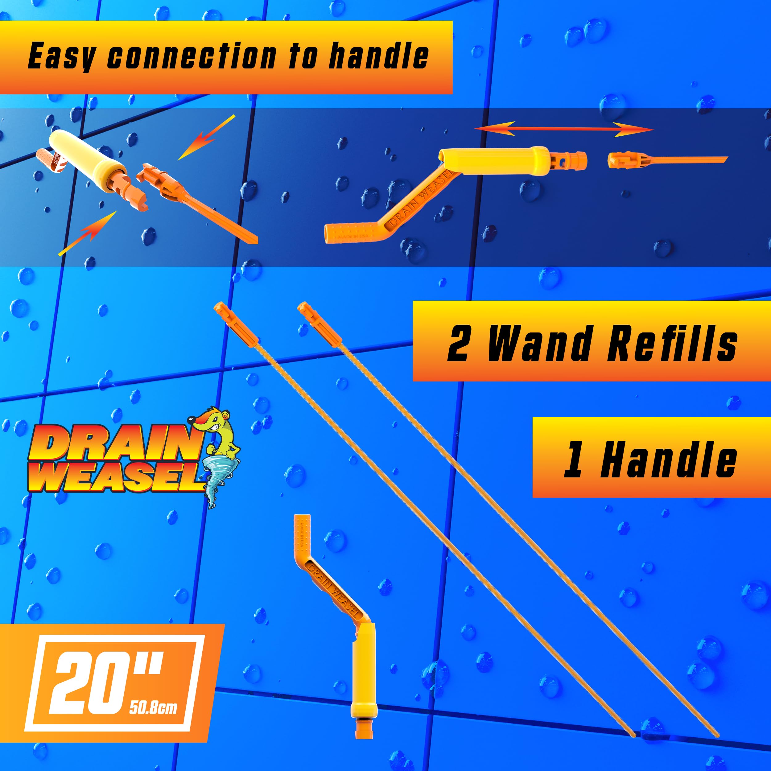 FlexiSnake Drain Weasel MAX Drain Hair Clog Remover Tool with Rotating Handle and 2 Wand Refills, Made in the USA, 20 inch