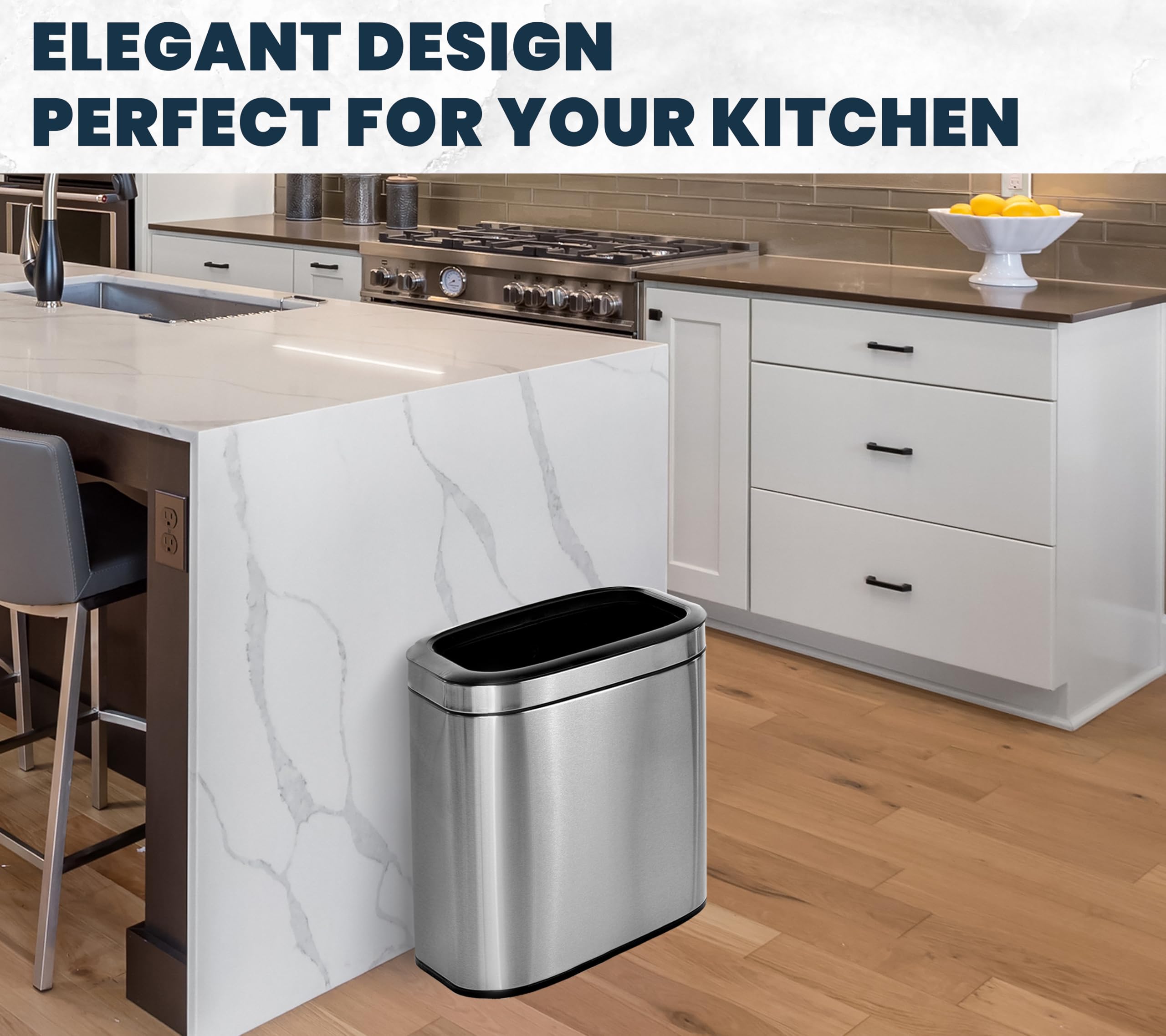 Alpine Stainless Steel Trash Can - Open Top, 20 Liter 5 Gallon Trash Can, Space-Saving Slim Modern Design with Removable Trash Bin, Brushed Stainless Steel Kitchen Trash Can, Silver, 18" x 14" x 9"