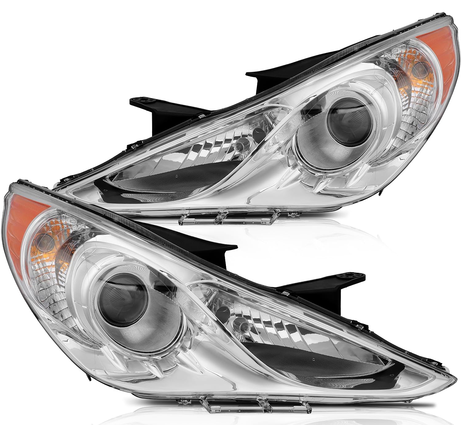 LBRST Headlight Assembly with Project for Hyundai Sonata 2011-2014 Chrome Housing Amber Reflector Clear Lens Driver and Passenger Side Headlamp
