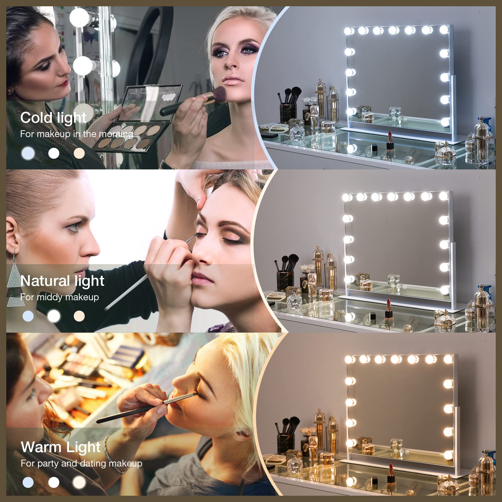 FENCHILIN Vanity Mirror with Lights, White Hollywood Lighted Makeup Mirror with 15 Dimmable LED Bulbs Rotation for Dressing Room & Bedroom, Living Room