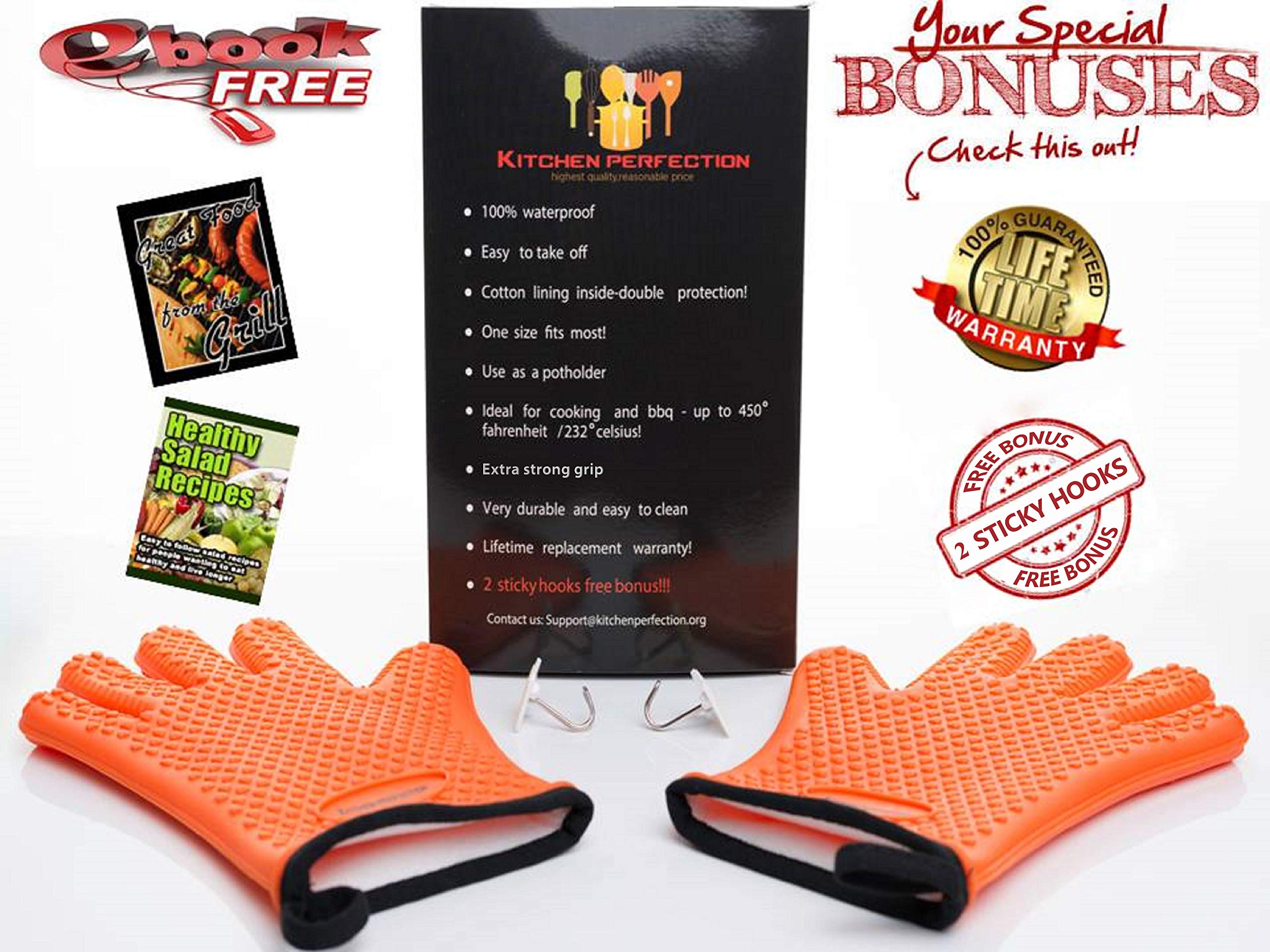 KITCHEN PERFECTION Silicone Smoker Oven Gloves -Extreme Heat Resistant BBQ Gloves -Handle Hot Food Right on Your Grill Fryer Pit|Waterproof Oven Mitts |Superior Value Set+3 Bonuses
