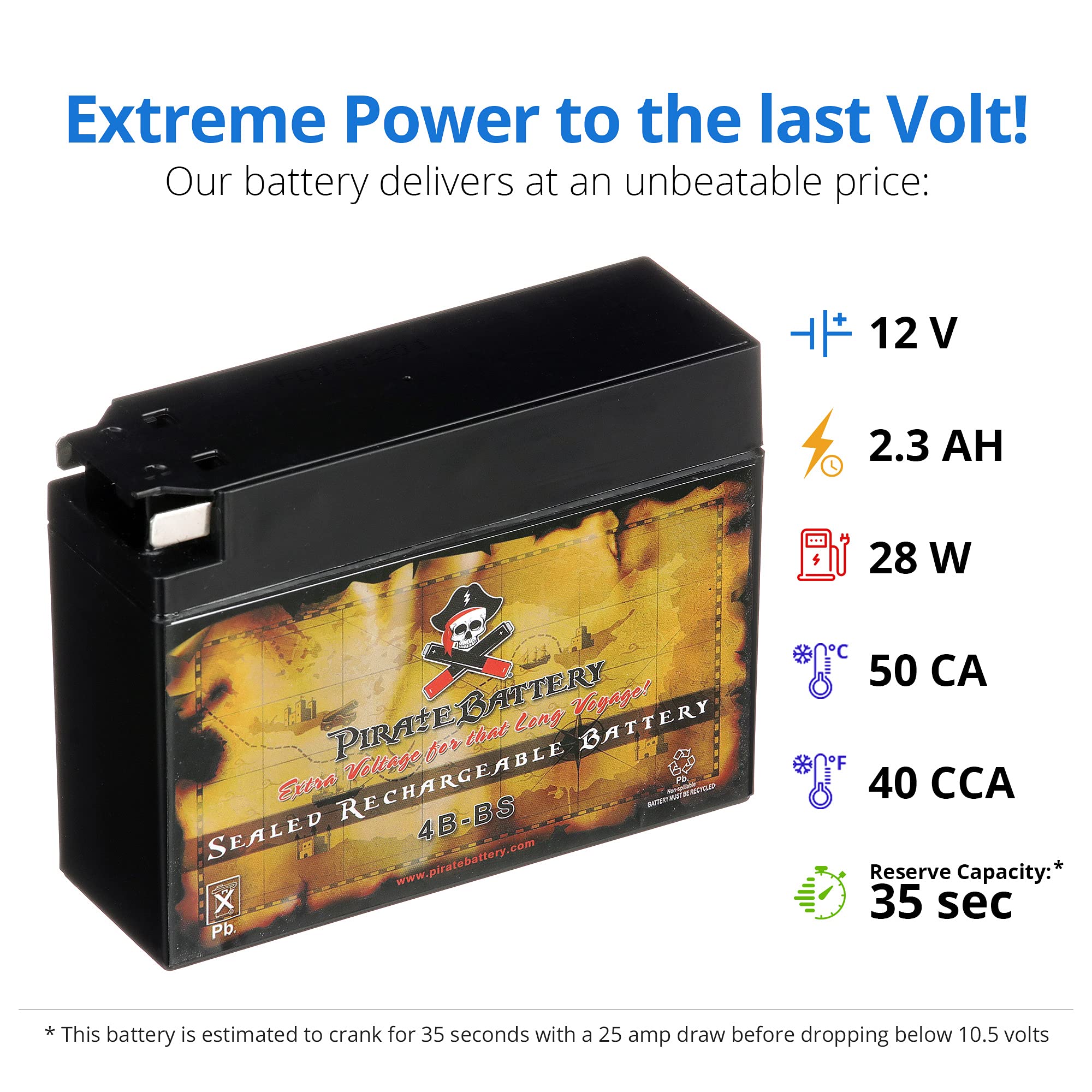 Pirate Battery YTX4B-BS 12 V 40 CCA AGM – Maintenance-Free 2 Ah Battery for Scooter, Pocket Bike, Mini ATV – Tab Terminal – Fits Yamaha Zuma 50, Honda Metropolitan, Razor Pocket Mod