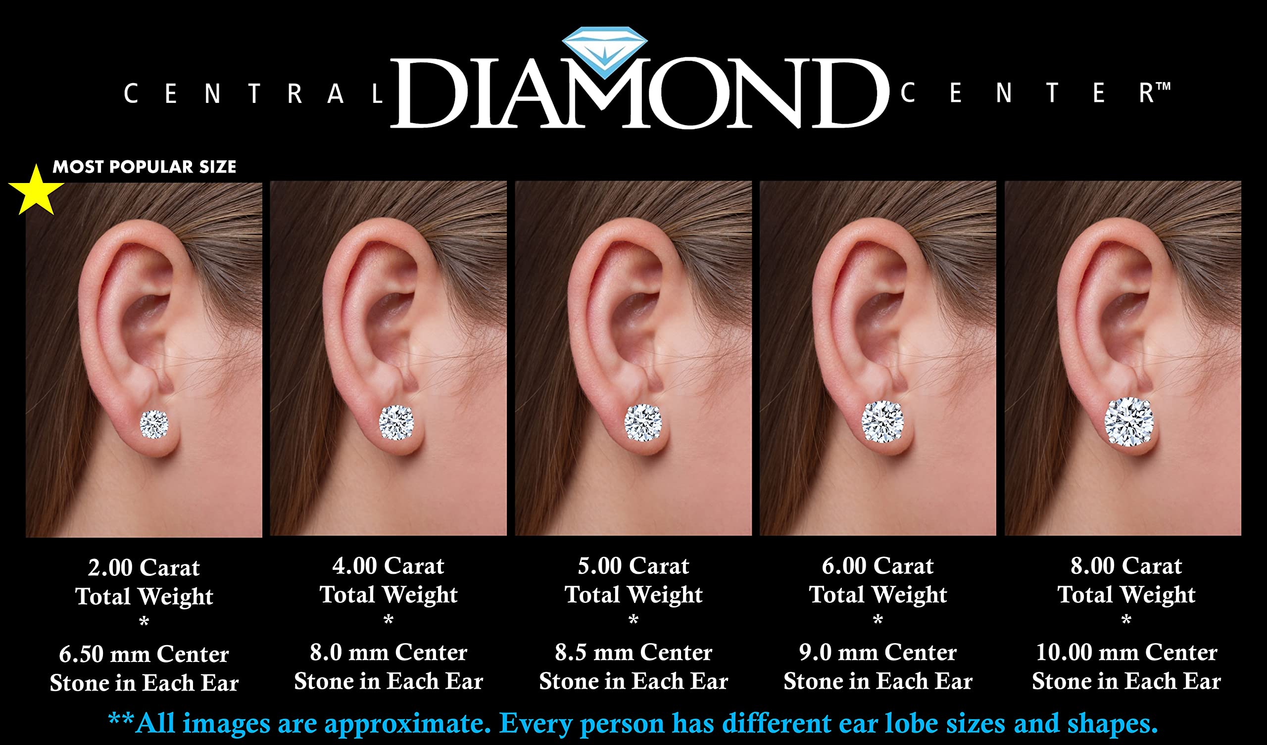 Central Diamond Center 14K Solid Gold Post & Sterling Silver 4 Prong CZ Stud Earrings - Platinum Plated - 8.00mm - 4.00cttw