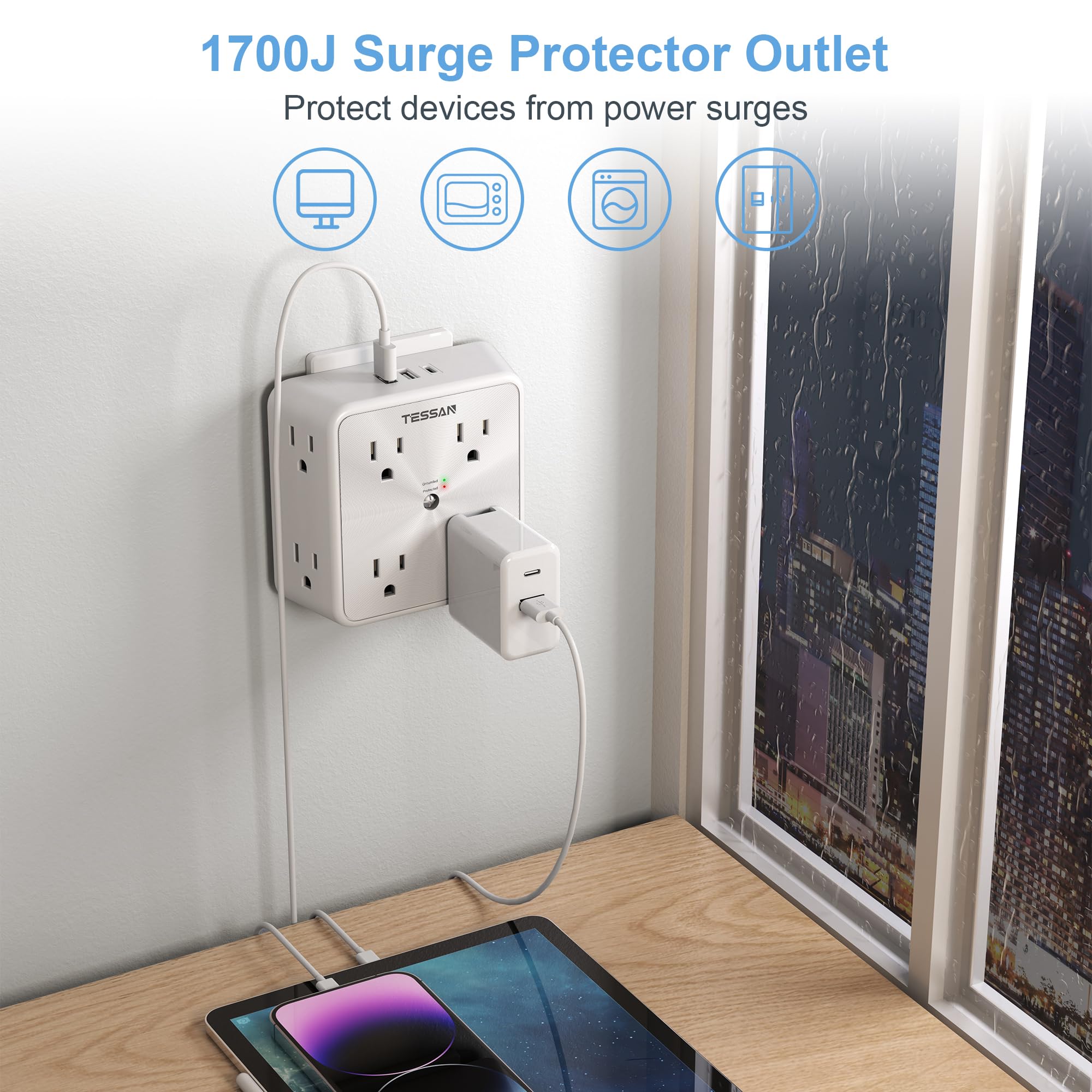 Surge Protector 8 Outlet Extender, TESSAN Multi Outlet Splitter with 3 USB Wall Charger (1 USB C Port), 3-Sided Multiple Plug Power Strip 1700J, Charging Station for Home Office Dorm Room
