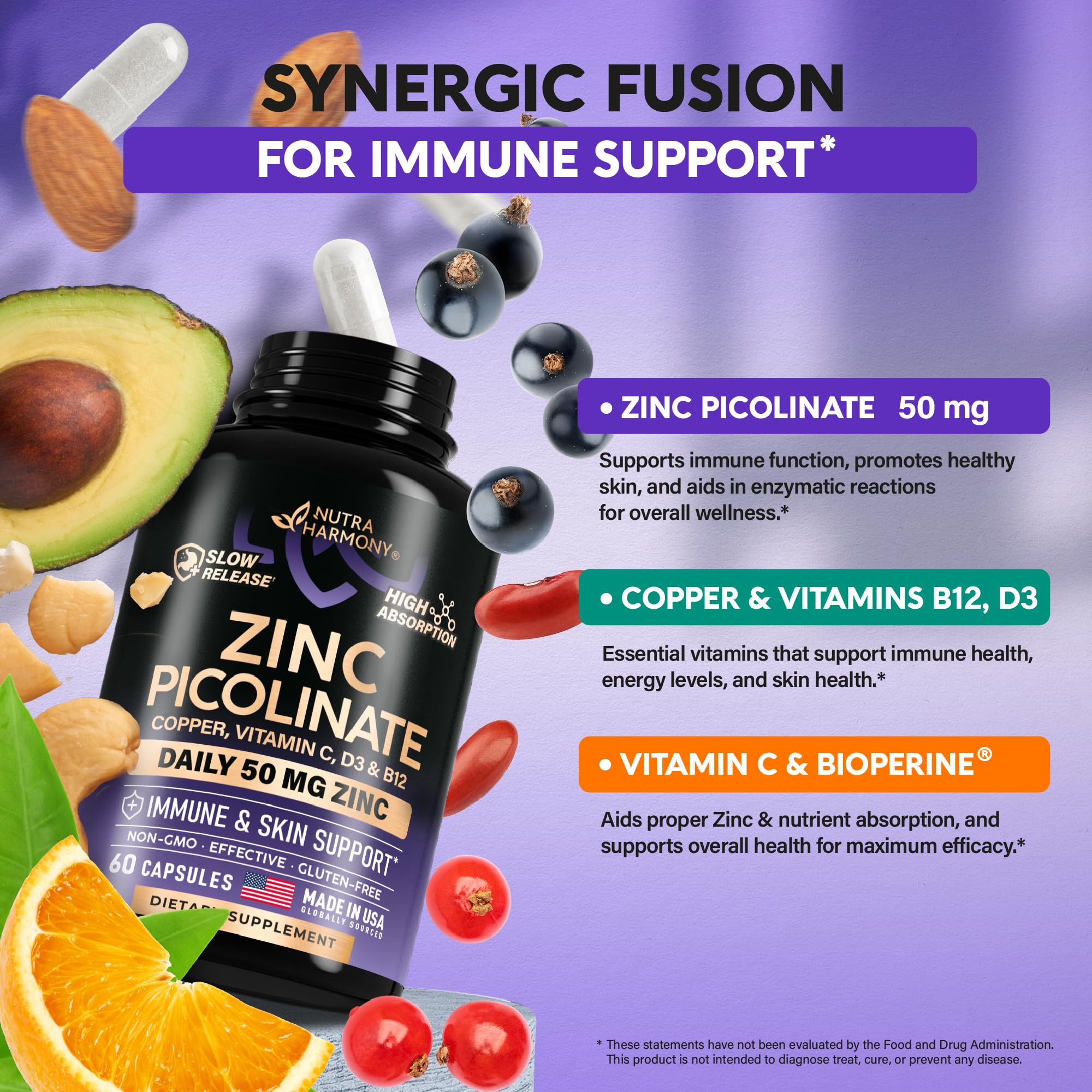 Zinc Picolinate 50mg - Zinc Supplement with Copper, Vitamin D3 & B12 - Stomach Friendly | Slow Release - Immune Support & Skin Health - High Absorption with BioPerine & Vitamin C - 60 Capsules