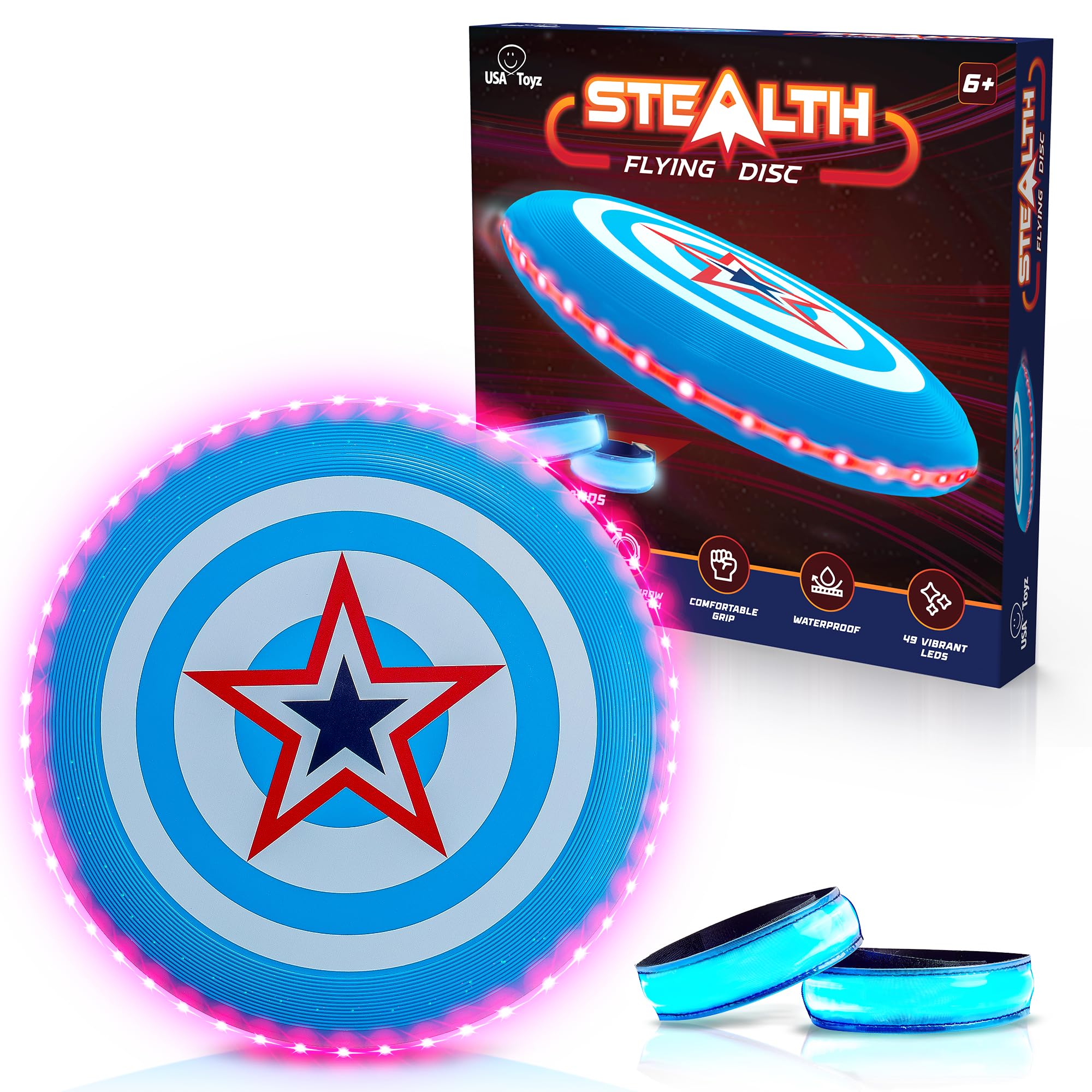 USA Toyz Stealth LED Flying Disc- Light Up Disc for Adults and Kids, 49 LEDs Glow in The Dark Disk, 2 LED Arm Bands, Sport Golf Ultimate Disc Outdoor Game Set, Waterproof Glow Hover Discs (Red/Blue)