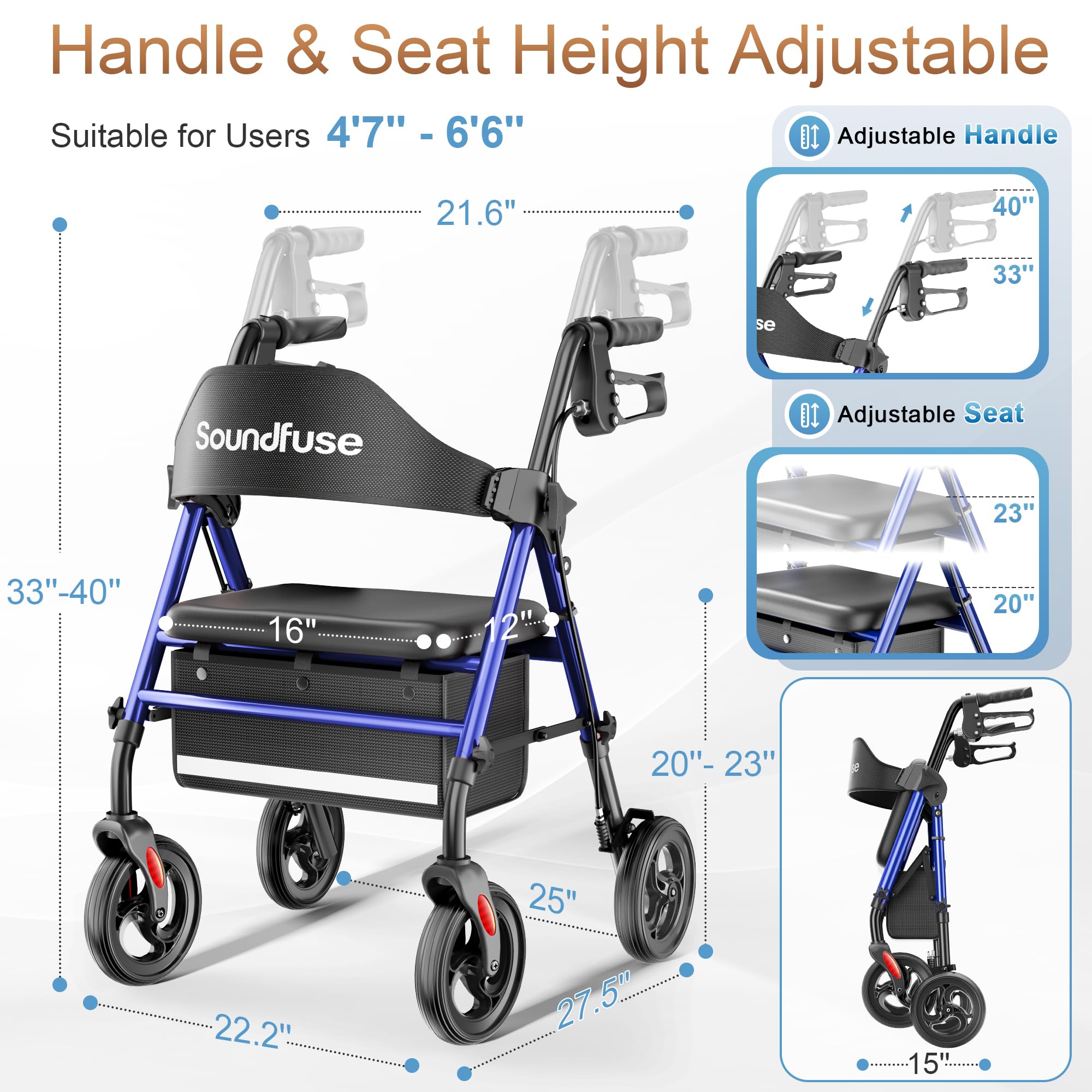 SOUNDFUSE Walkers for Seniors with seat, Foldable Rollator Walker with Double Support Bar, 16" Extra Wide Ergonomic Arc Seat, 8" All Terrain Wheels, 350lb, Dual Height Adjustable, and Storage Bag