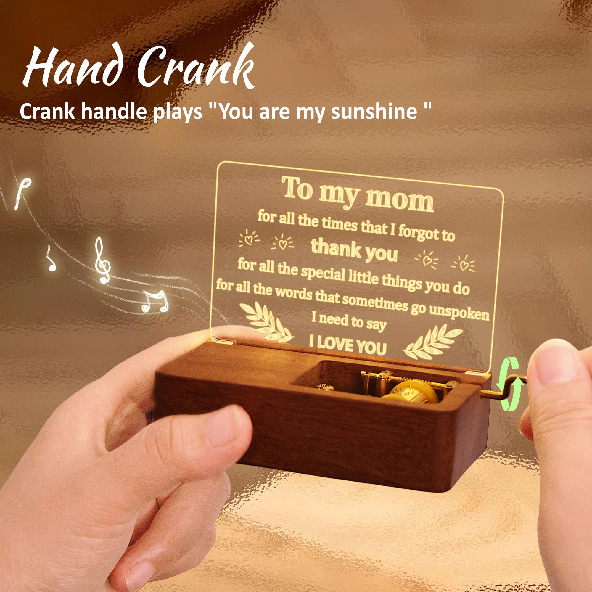 OkiyiD Gifts for Mom, Mom Birthday Gifts from Daughter Son, You are My Sunshine Music Box Hand Crank Engraved - Lighting Musical Box Idea