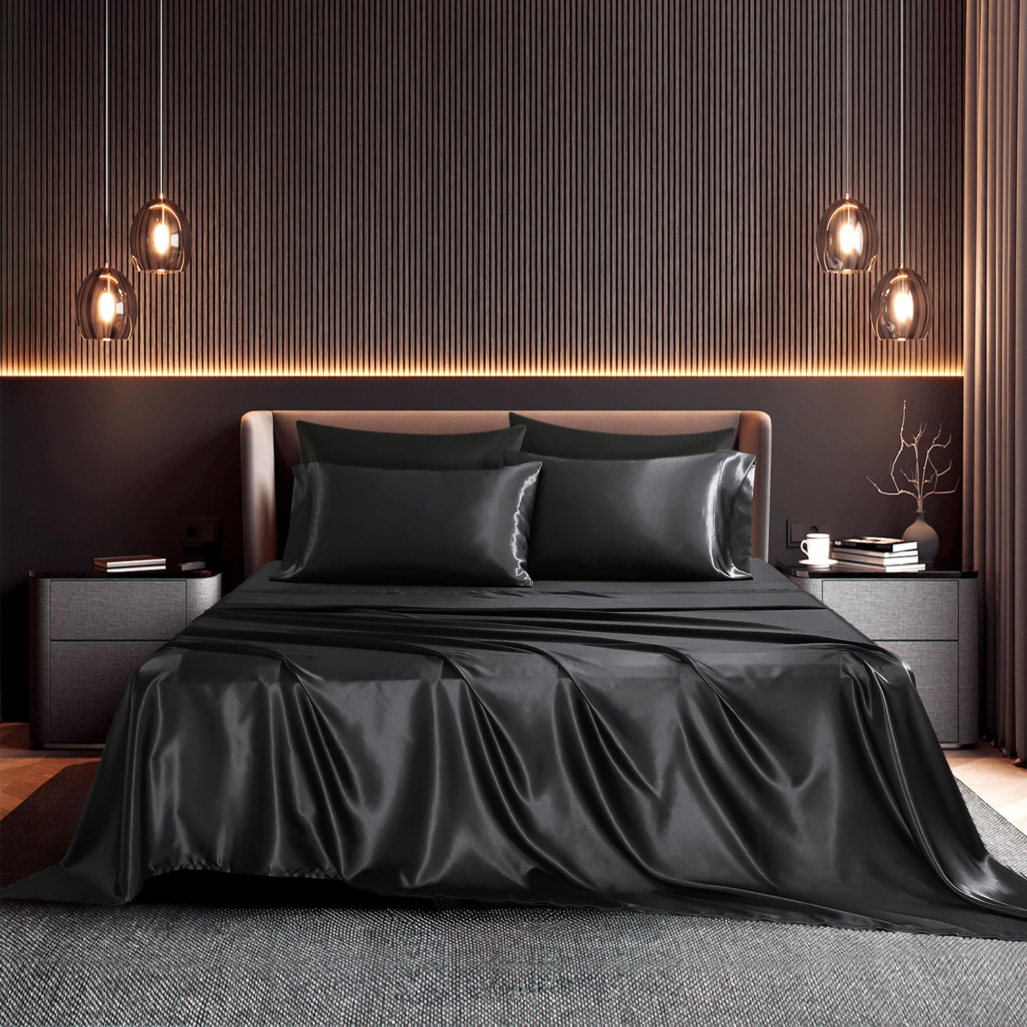 Seasonwood Satin Sheets Set Queen Size 4 Pieces 1800 Microfiber 2 Pillowcase 20''x30'' Black Satin Sheets