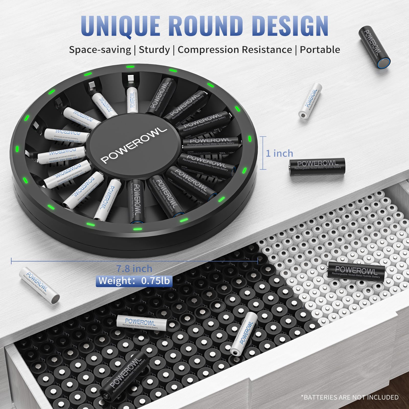 POWEROWL 16 Bay AA AAA Battery Charger (Updated, High Speed Charging) with Smart LED Light and Plug, for NIMH NICD Rechargeable Batteries and More