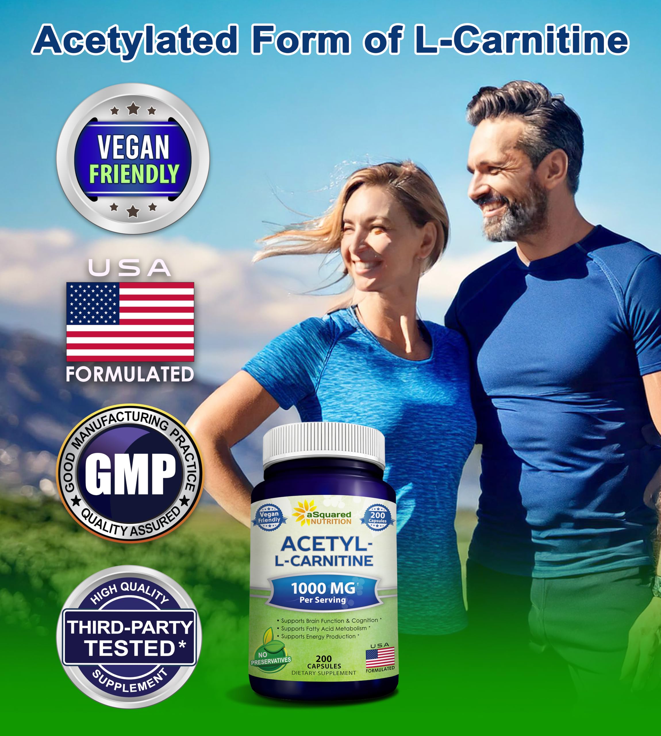 aSquared Nutrition Acetyl L-Carnitine 1000mg Max Strength - 200 Veggie Capsules - High Dosage Acetyl L Carnitine HCL (ALCAR) Supplement Pills to Support Pure Energy, Brain Function & Fatty Acid