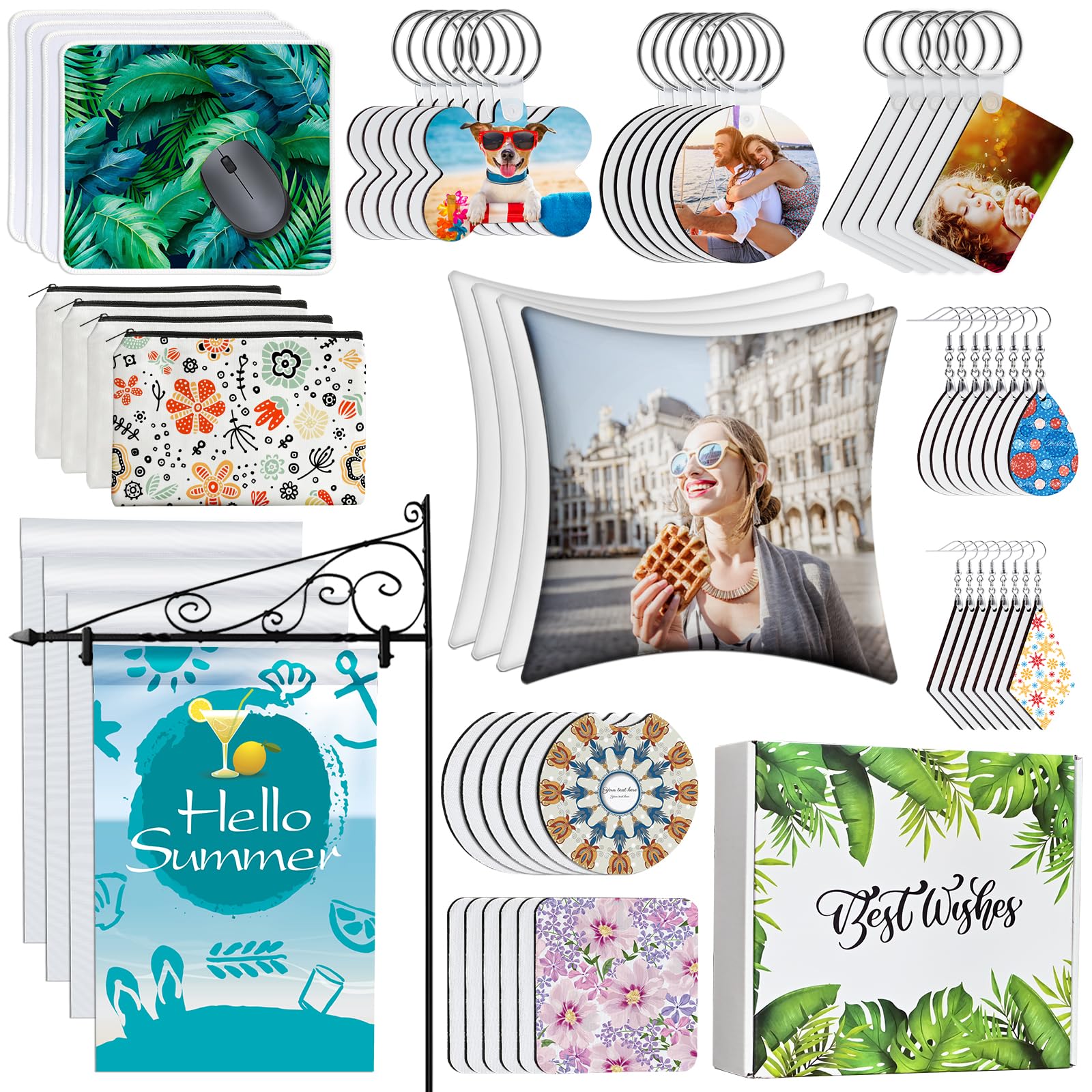 114Pcs Sublimation Blanks Products, Sublimation Blanks Set Including DIY Blank Makeup Bag, Keychain, Earring, Pillow Cover, Mouse Pad, Coaster, Garden Flag for Sublimation Transfer Heat Press Craft