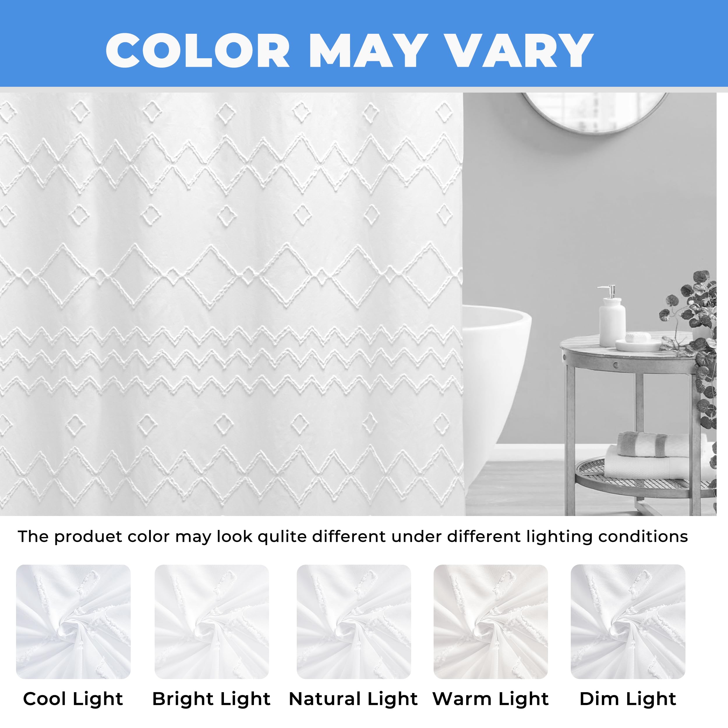 Seasonwood White Shower Curtain, Boho Woven Tufted Geometric Fabric Shower Curtain for Bathroom Modern Shabby Chic Textured Waterproof Farmhouse Cloth Shower Curtains, 72 x 72 Inches