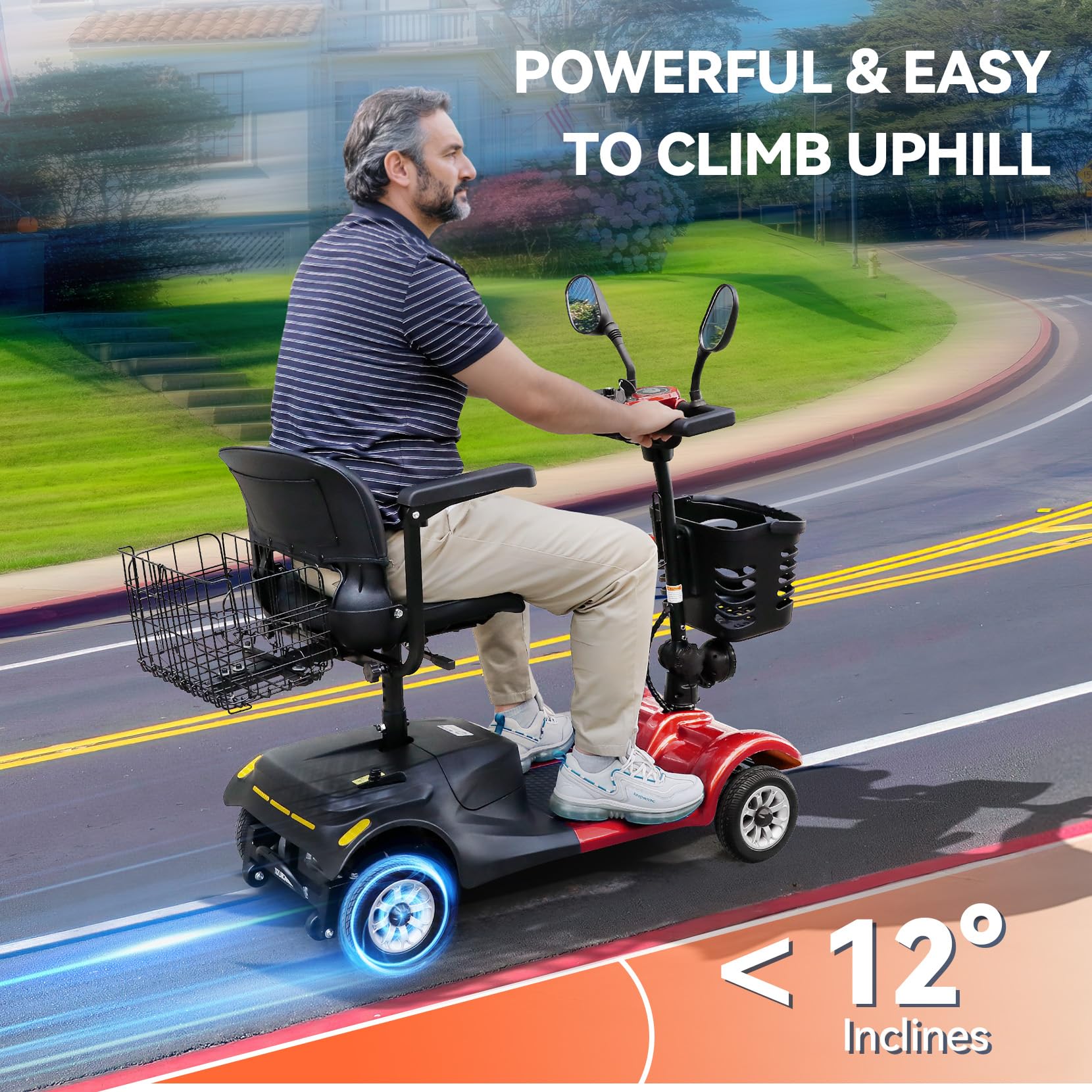 WheelWavi Powered Mobility Scooters, 15miles 4-Wheel Foldable Electric Scooter for Seniors & Adults – Heavy Duty Travel Model with Long-Lasting Battery, Front Basket, and LED Lights (Red)