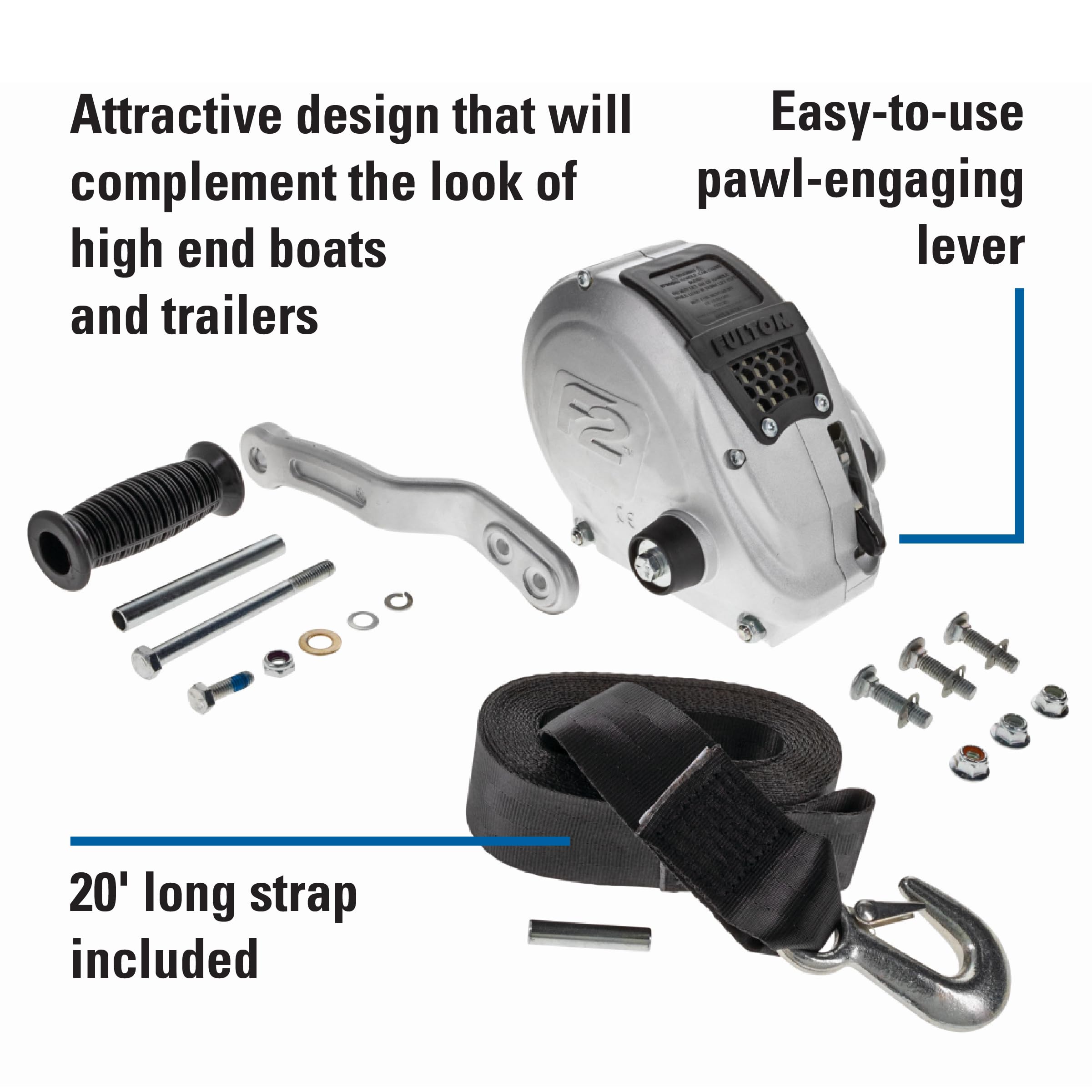 Fulton FW16000101 F2 Boat Trailer Winch with 20 Foot Winch Strap with Hook, 1,600 lbs. Capacity, Single-Speed Hand Crank Winch, Dual Gear Drum System