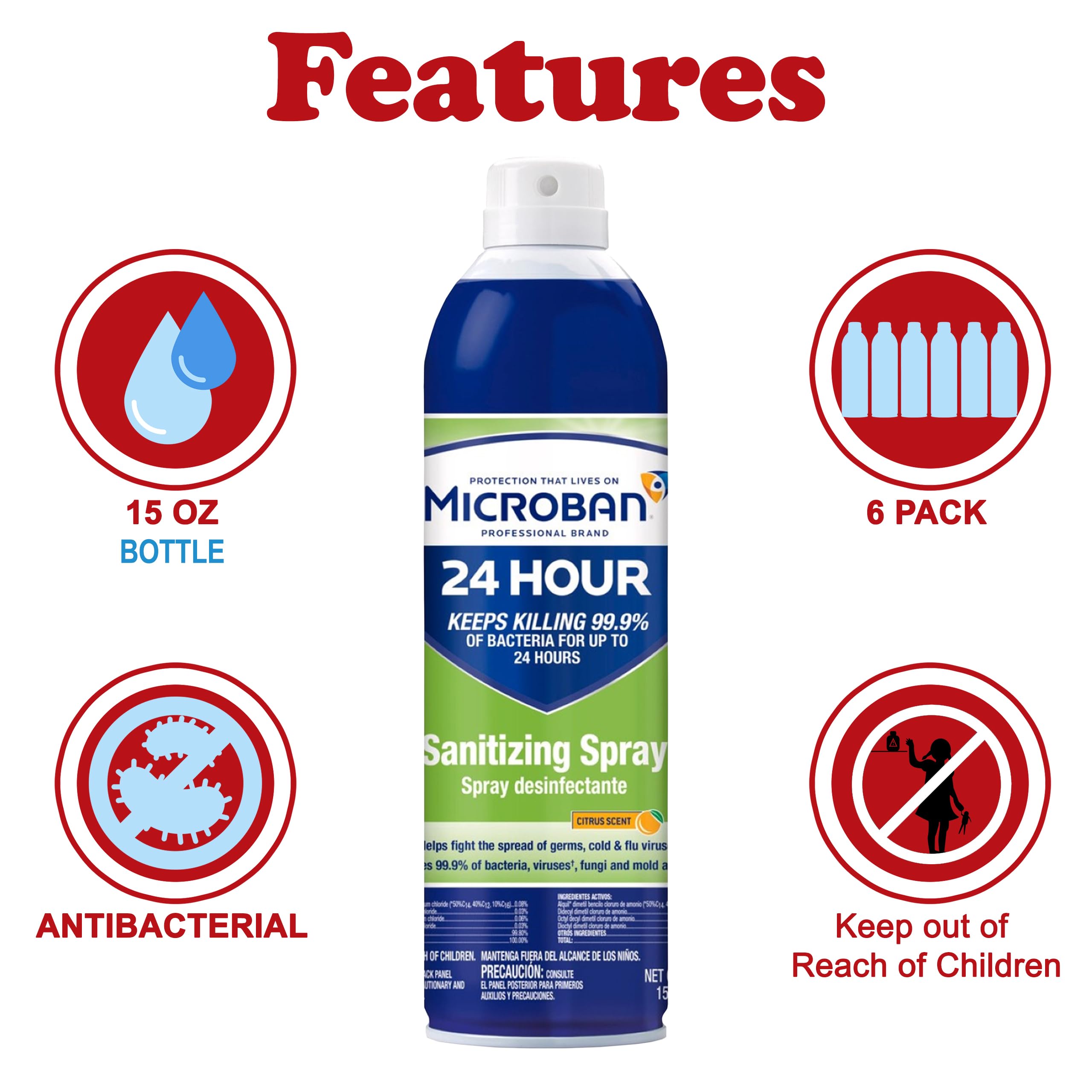 MICROBAN 24 Hour Sanitizing Spray, 6 cans, 15 fl oz Each