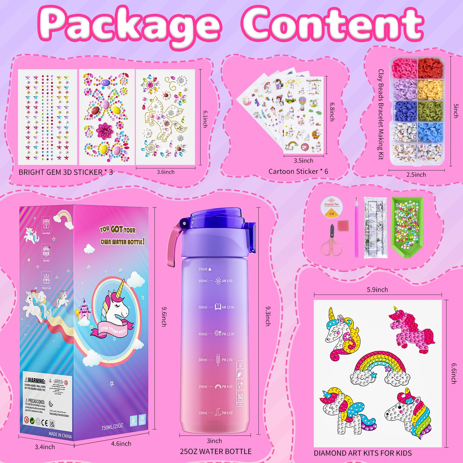 Gifts for Girls 4-12, Decorate Your Own Water Bottle Kits for Girls, Unicorn Diamond Painting Toys & Friendship Bracelet Kit, Fun Arts Crafts for Kids Ages 4-6-8-10, Birthday Gifts Toys for Girls