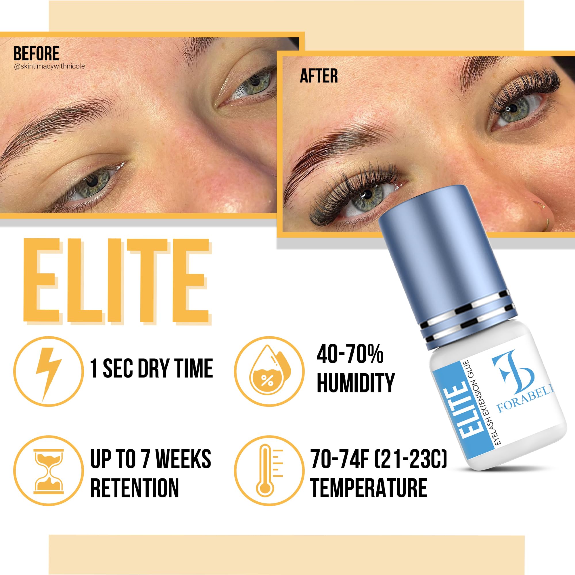 Forabeli Elite Lash Extension Glue - 1 Sec Fast Dry, 7 Week Retention, Maximum Bonding Power, Black Eyelash Adhesive for Professional Use
