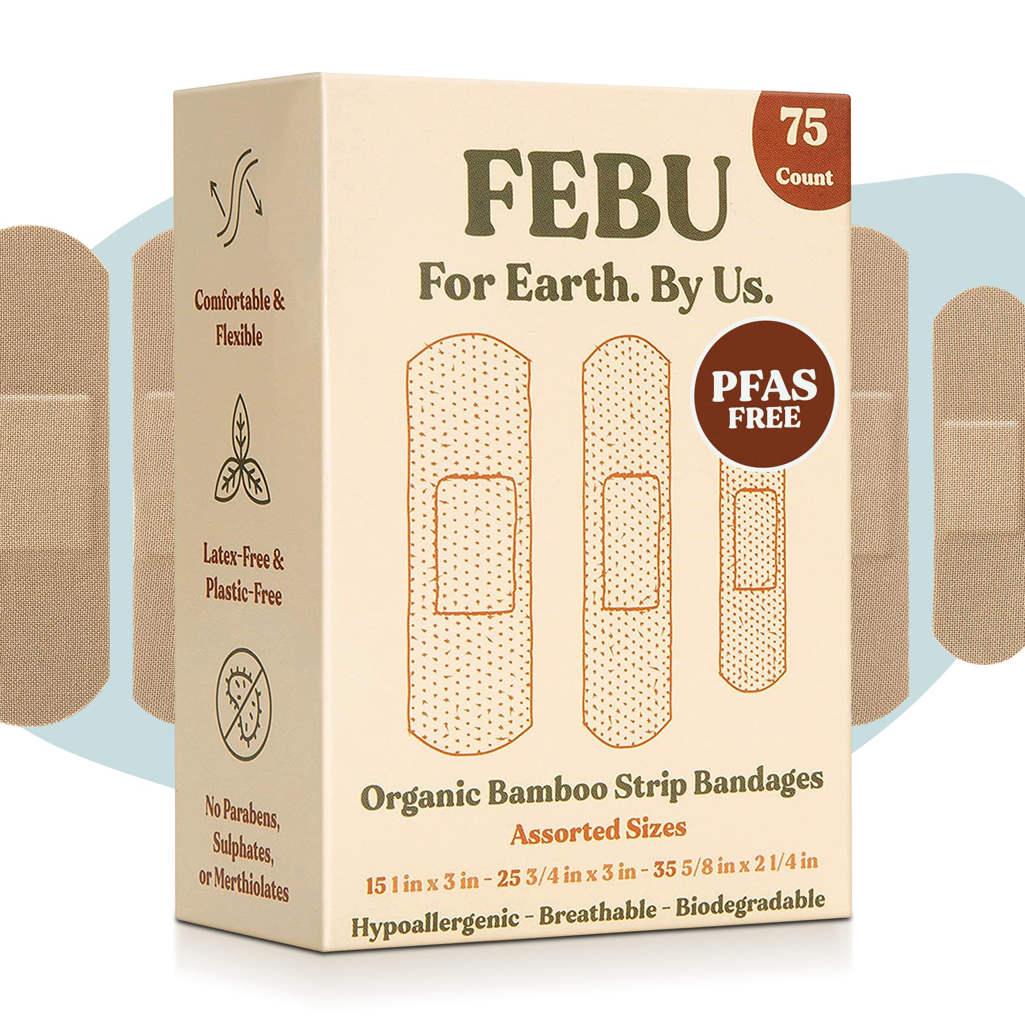 FEBU Eco-Friendly Organic Bamboo Fabric Bandages | PFAS Free Flexible Fabric Bandages | Latex Free Bandages | Natural Hypoallergenic Bandages for Scrapes, Cuts & First Aid | 75 Count Pack