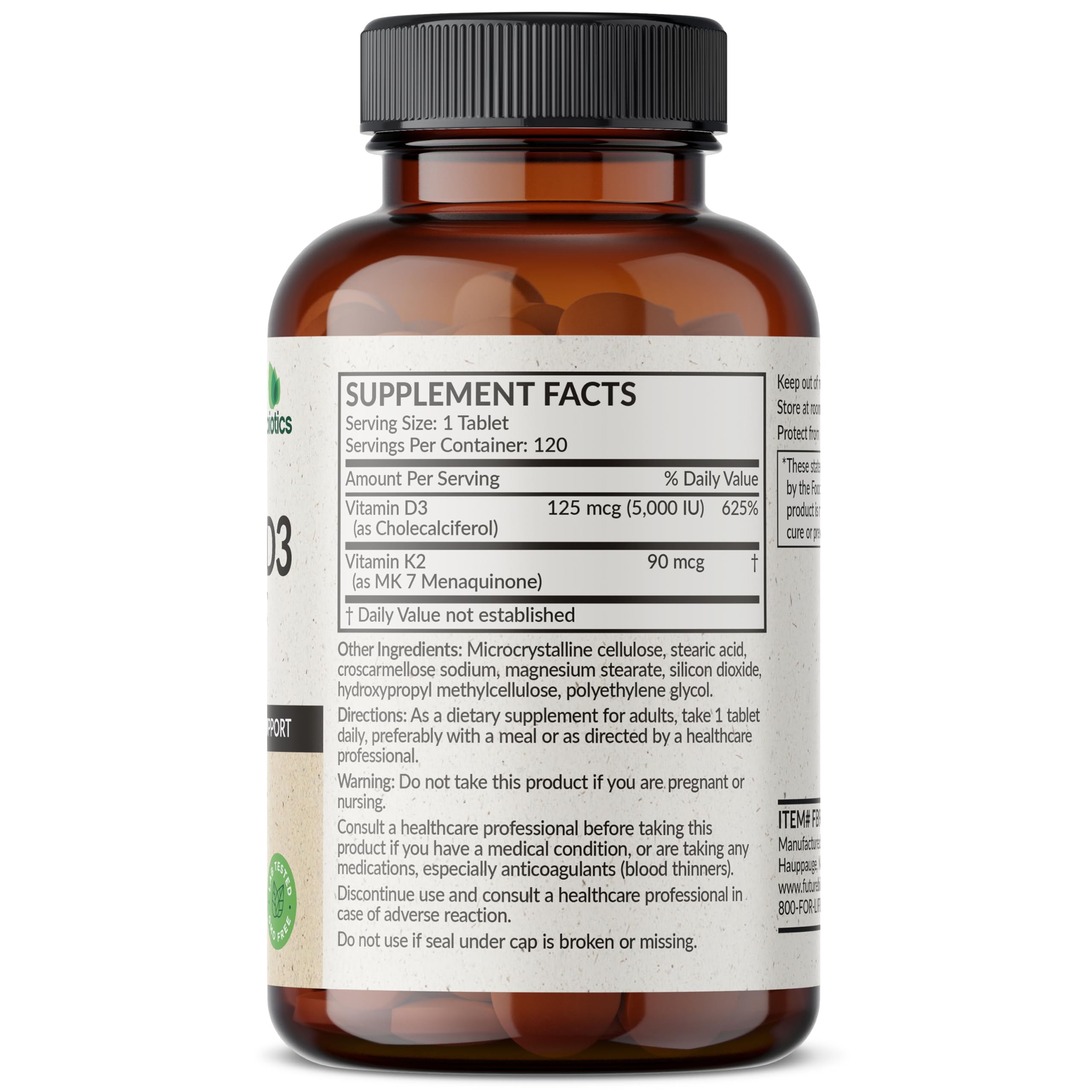 Futurebiotics Vitamin K2 with D3, 2 in 1 Support, 5000 IU Vitamin D3 & 90 mcg Vitamin K2 MK-7 Non-GMO, 120 Tablets