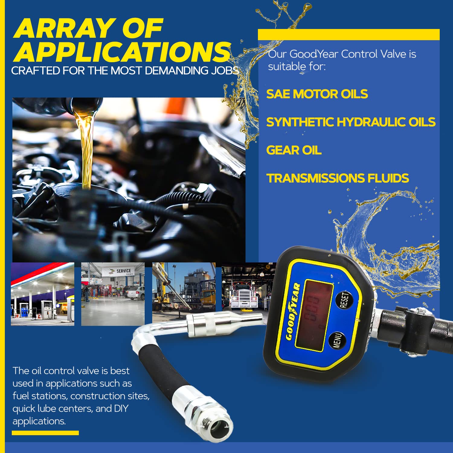 GOODYEAR Digital Oil Control Valve Meter Nozzle 10 GPM / 35 LPM Heavy Duty Air Operated Pneumatic 1/2" inch NPT Inlet Pressure Range 7-1500 Psi 5-100 Bar with Flexible Spout (Not for Gasoline)