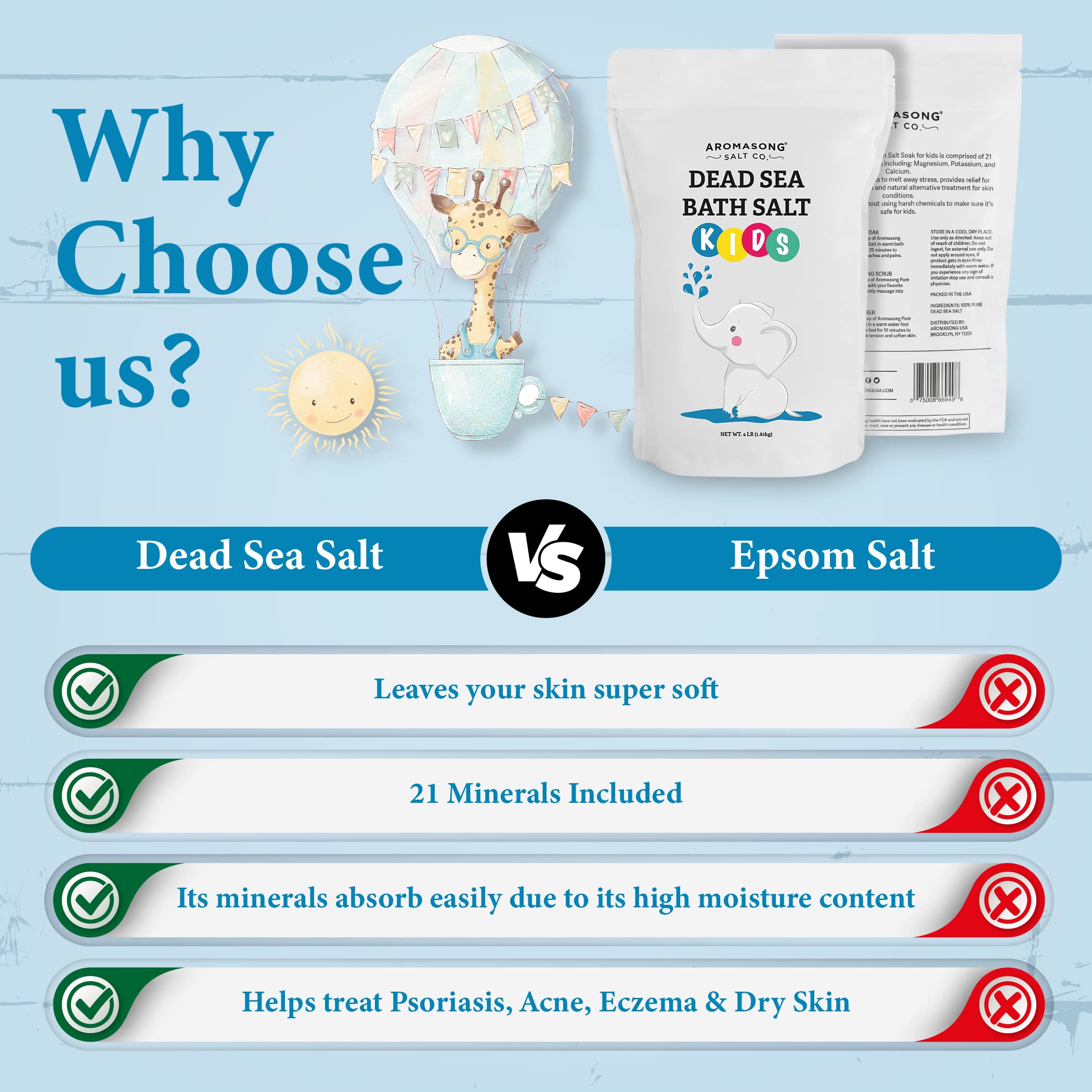 Aromasong Dead Sea Salt for Kids Bath Soak, 4 Lbs. Fine Grain Large Bulk resealable Pack, 100% Pure & Natural.