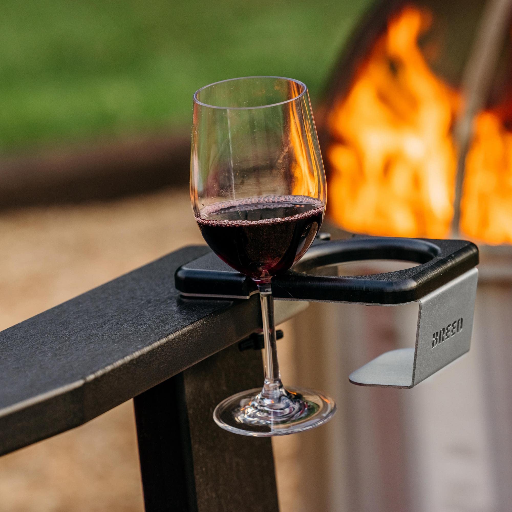 Breeo OutRig Cupholder - Outdoor Drink Holder for Camping Chairs - Black Poly Lumber & Stainless Steel - USA Made for Campfire & Fire Pit Use - Weather Resistant, Universal Attachment, Handmade