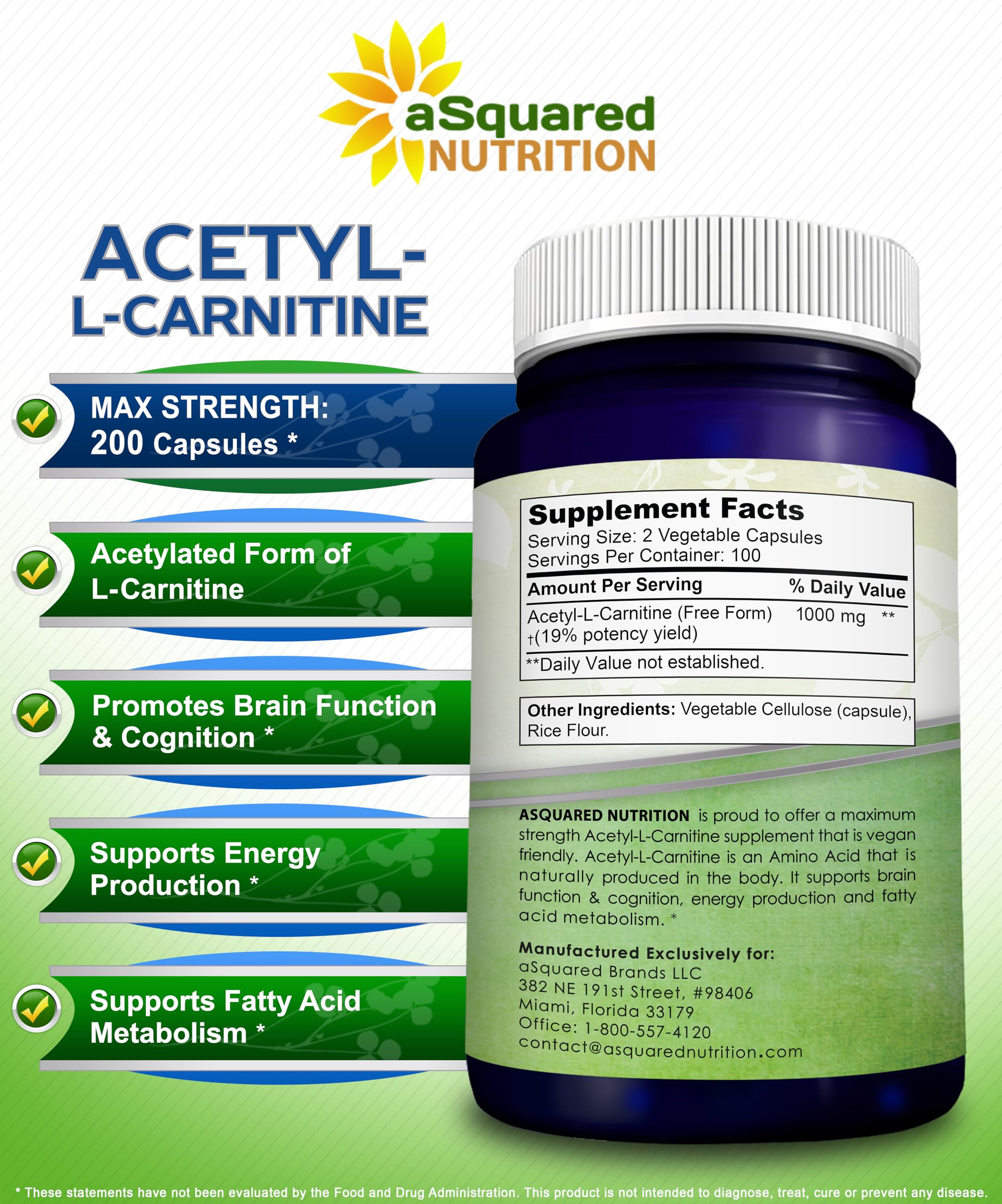 aSquared Nutrition Acetyl L-Carnitine 1000mg Max Strength - 200 Veggie Capsules - High Dosage Acetyl L Carnitine HCL (ALCAR) Supplement Pills to Support Pure Energy, Brain Function & Fatty Acid