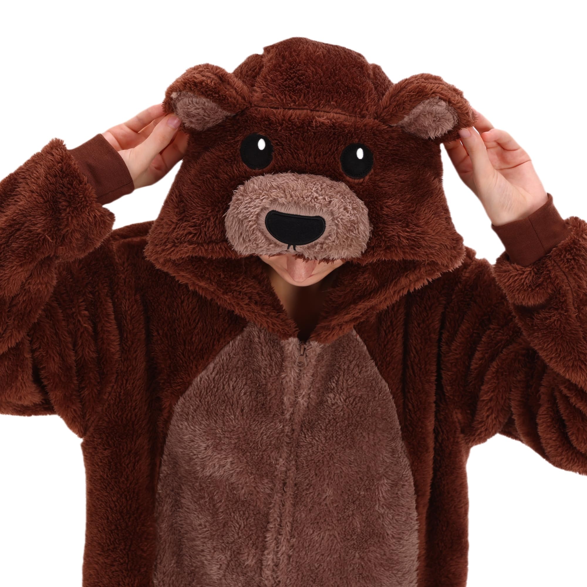 COSUSKET Snug Fit Unisex Adult Onesie Pajamas, Sherpa Bear Cosplay Animal One Piece Halloween Costume Sleepwear Homewear