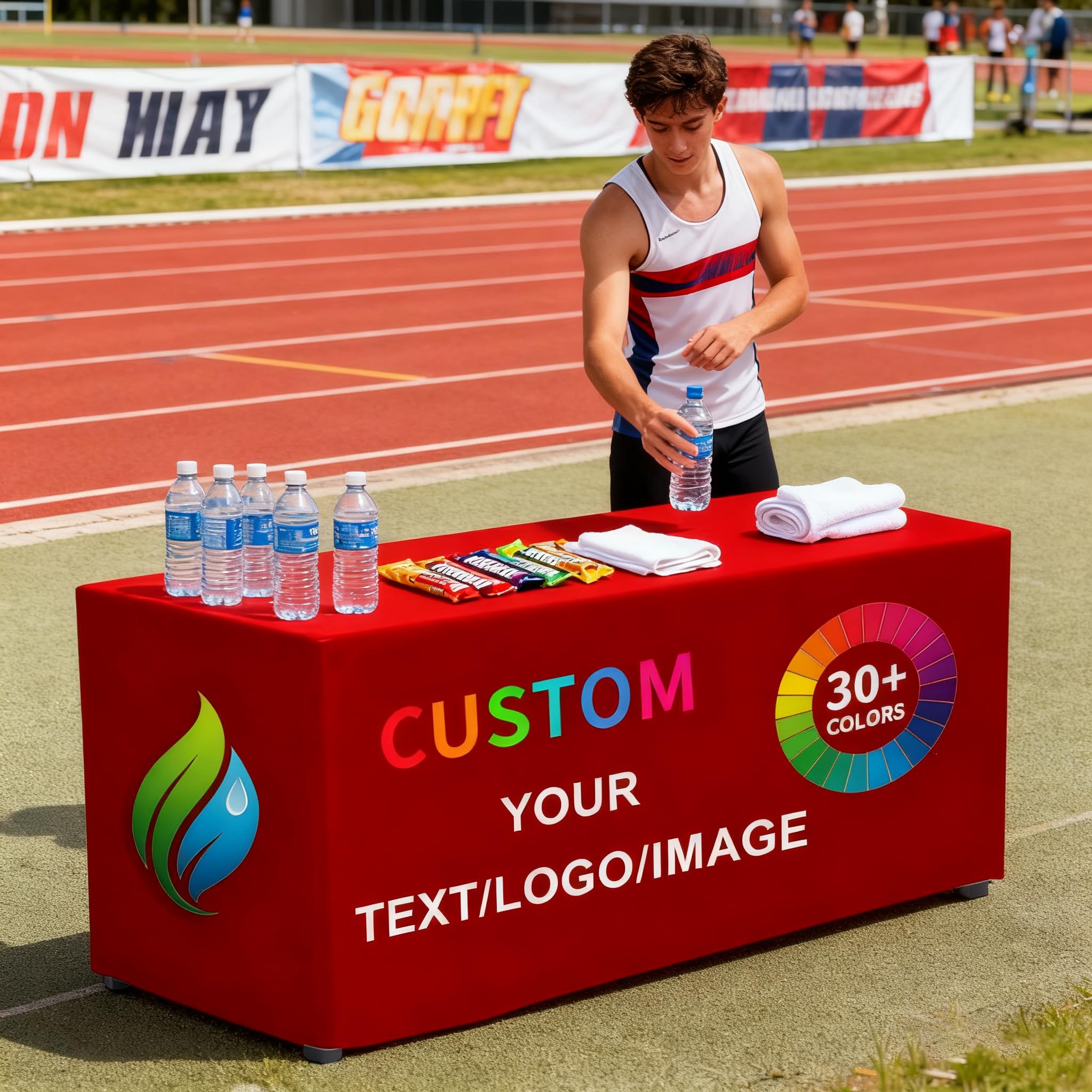 GagetElec Custom Table Cloth with Business Logo - 4FT/5FT/6FT/8FT/10FT Fitted Table Cover, Personalized Tablecloth for Trade Show, Wedding, Birthday, Anniversary & Business Events (4FT Open Back)