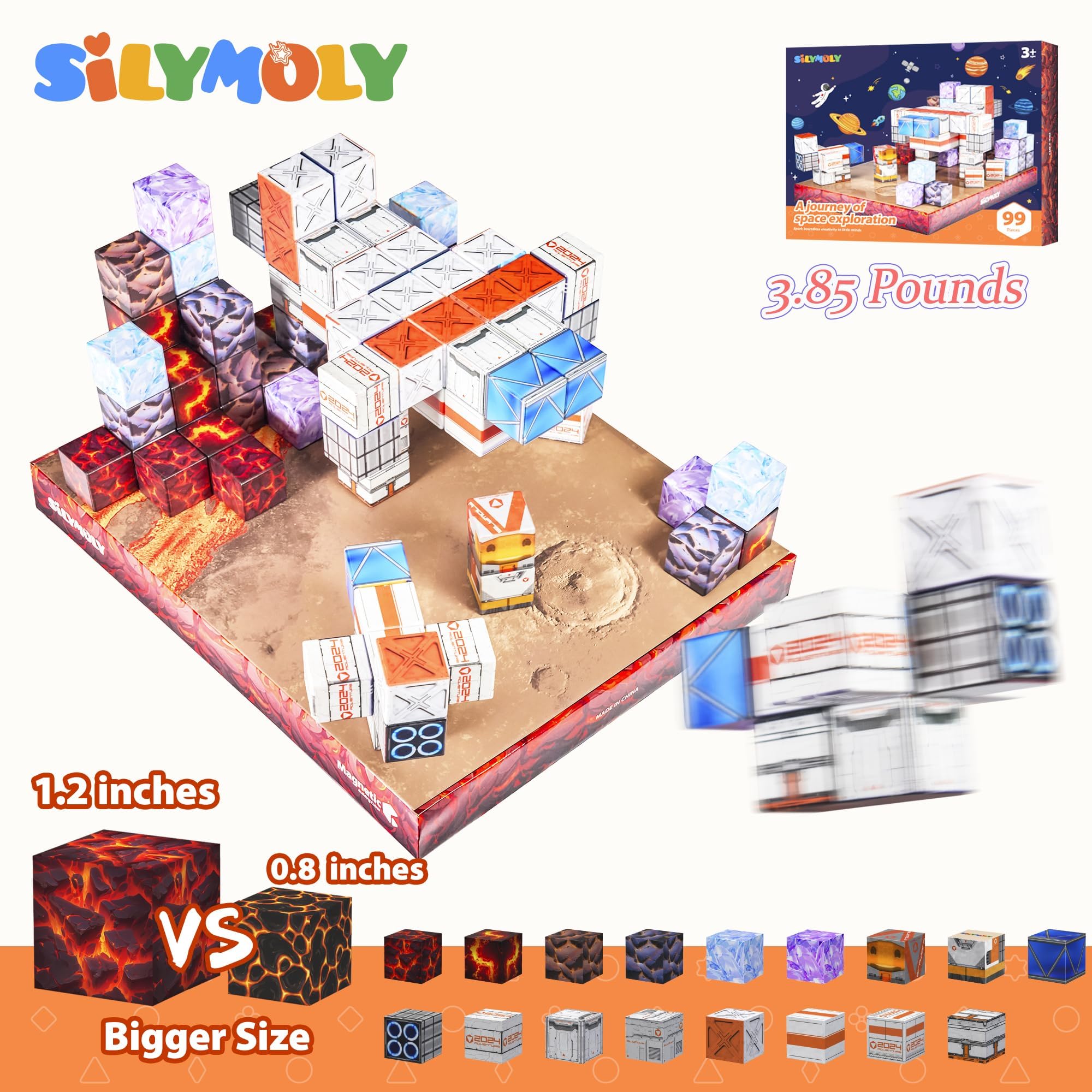 Magnetic Blocks 1.2 inches Space Exploration Editon Build Mine Magnet World Set STEM Building Toy Sensory Gift for Kids Toddler Toys for Boys Girls 3+ 4+ 5+ 3D puzzle Magnetic block 3.85 pounds 99pcs