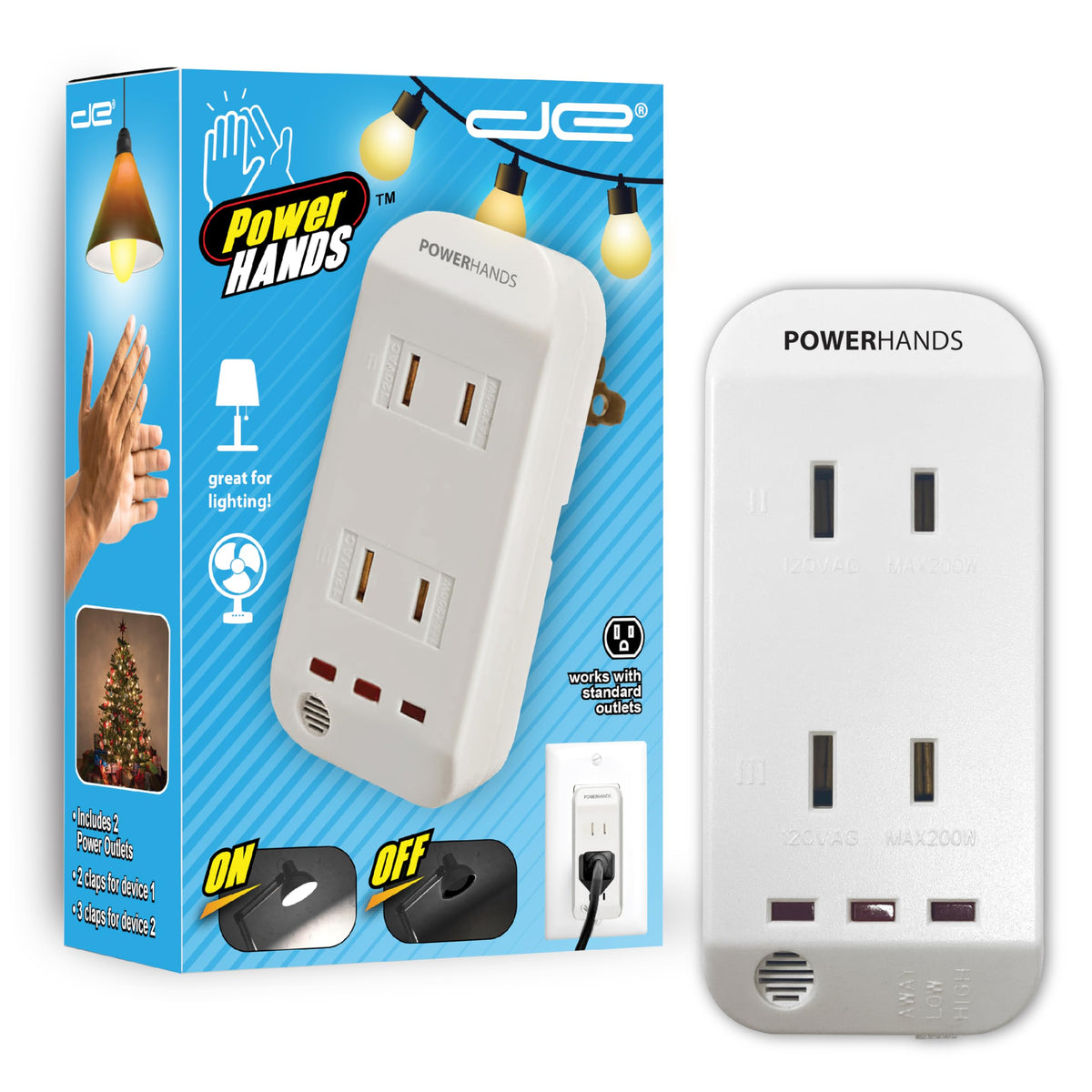 Power Hands | Clapping Light Control Noise Detecting Wireless Wall Outlet with a 3 Level Sensitivity Switch | Turns Appliances On/Off with Clapping Sound Sensor | 120V 200W 2 Outlet